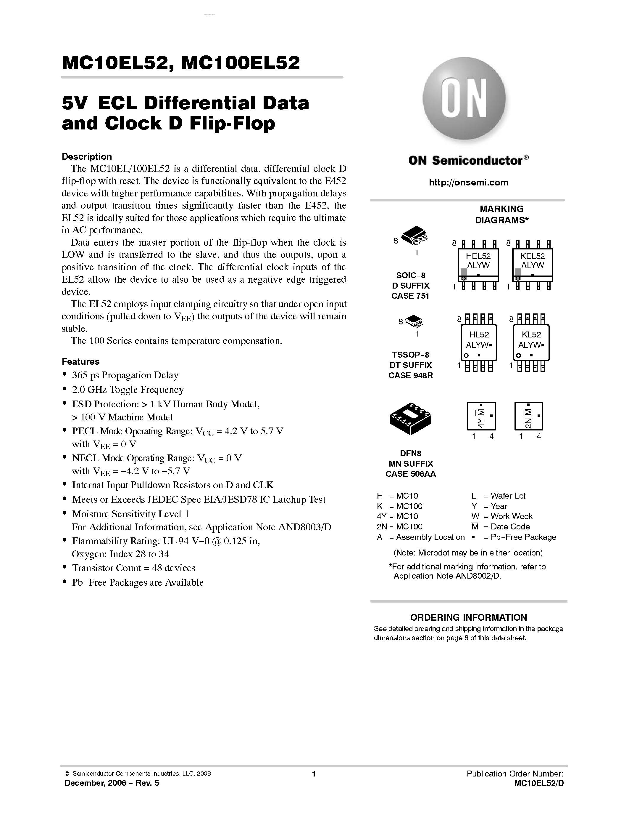 Datasheet MC100EL52 - Differential Data and Clock D Flip-Flop page 1