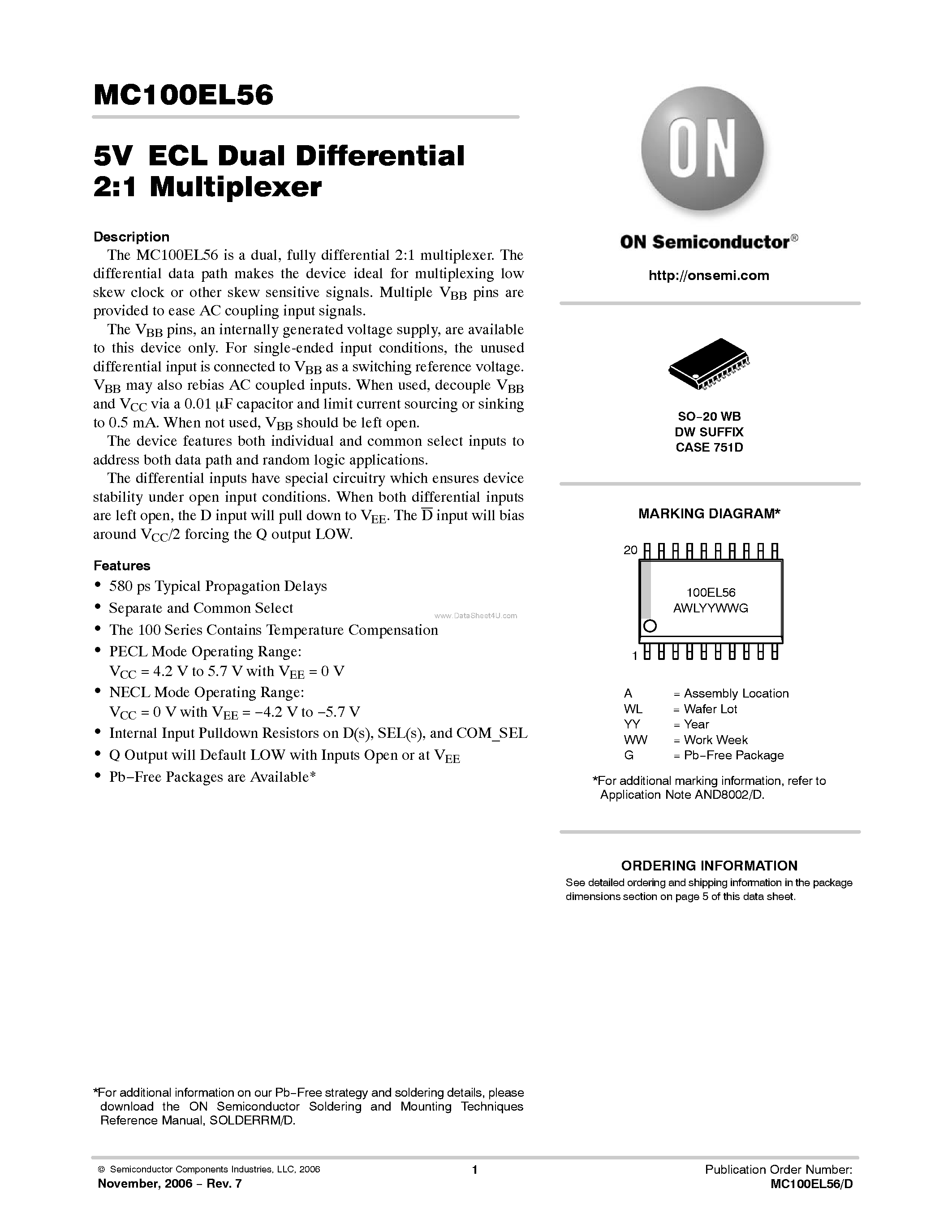 Datasheet MC100EL56 - Dual Differential 2:1 Multiplexer page 1