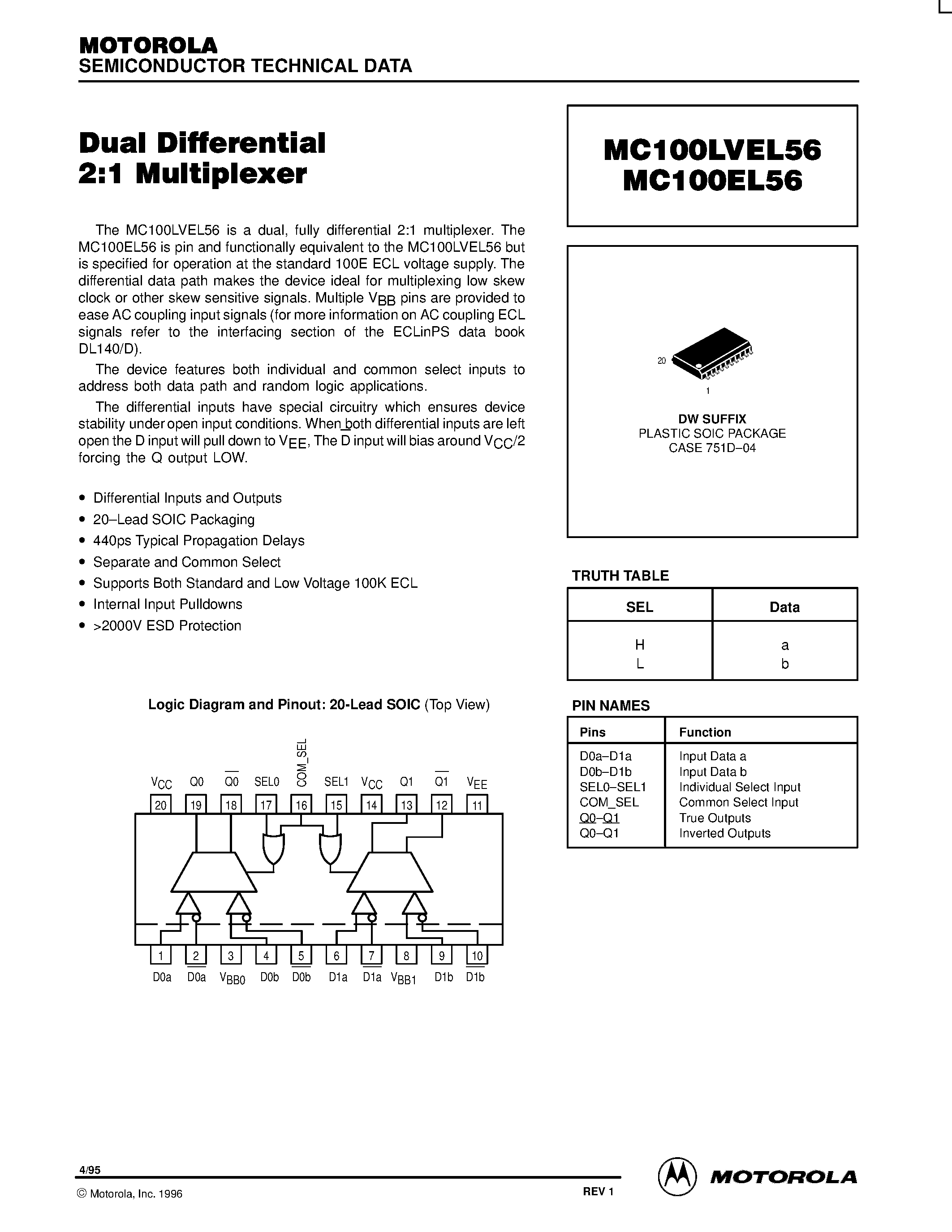 Datasheet MC100EL56DW - Dual Differential 2:1 Multiplexer page 1