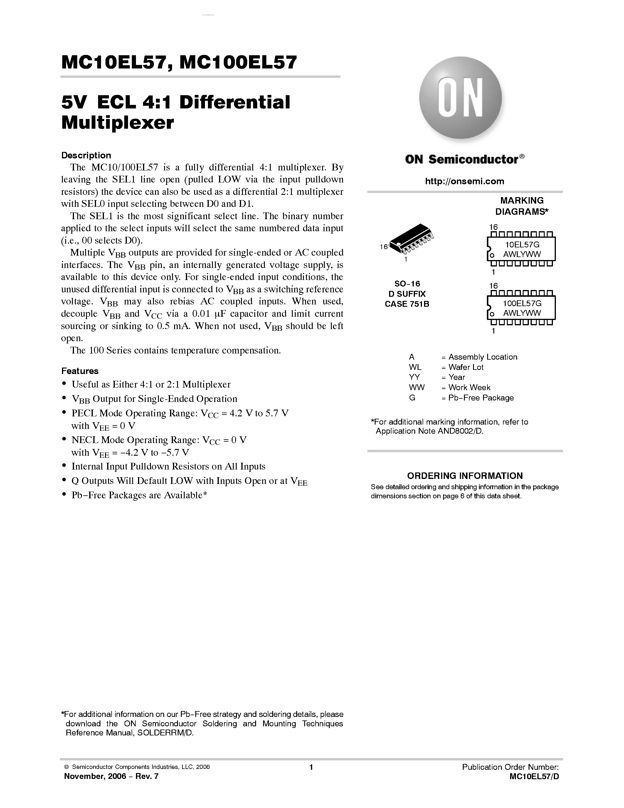 Datasheet MC100EL57 - 4:1 Differential Multiplexer page 1