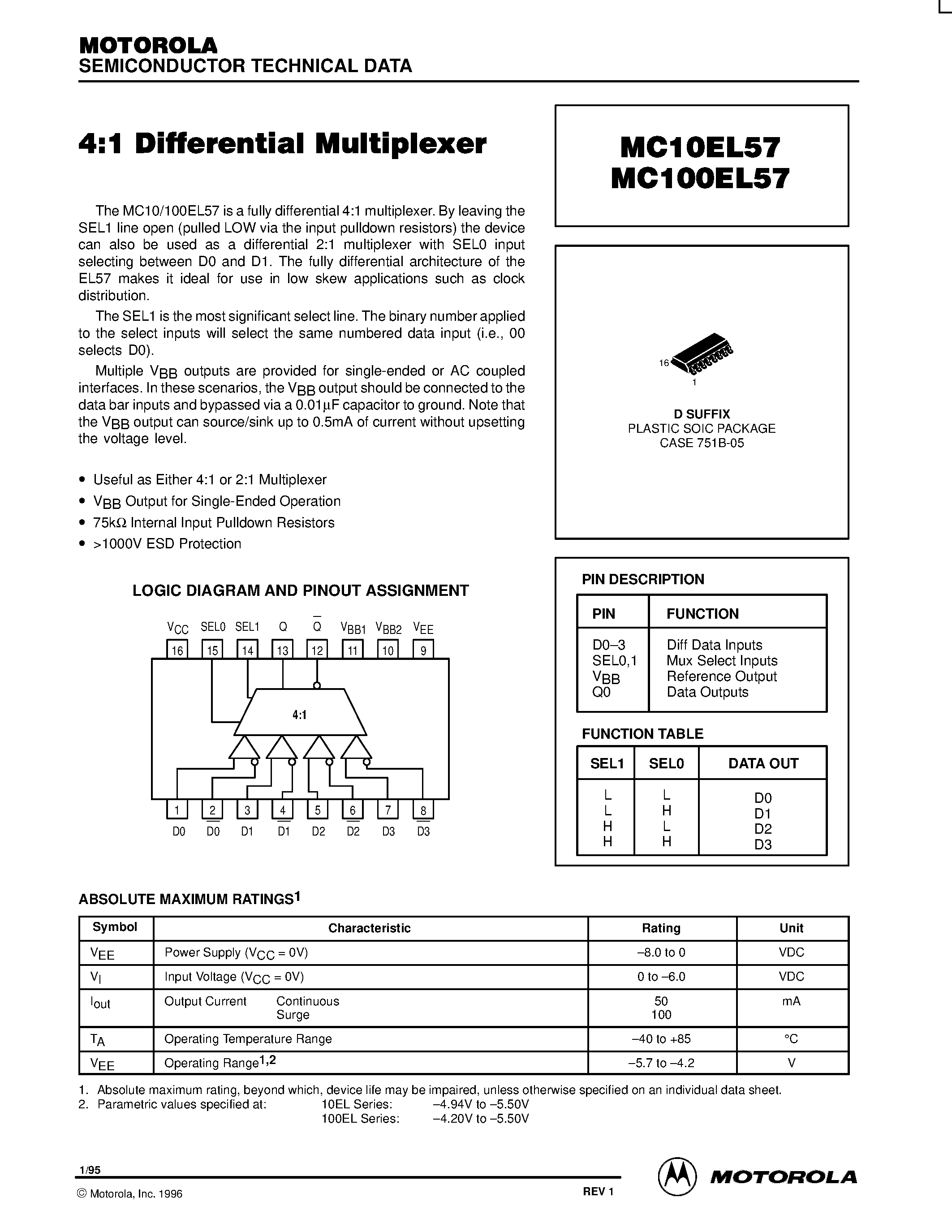 Datasheet MC100EL57D - 4:1 Differential Multiplexer page 1