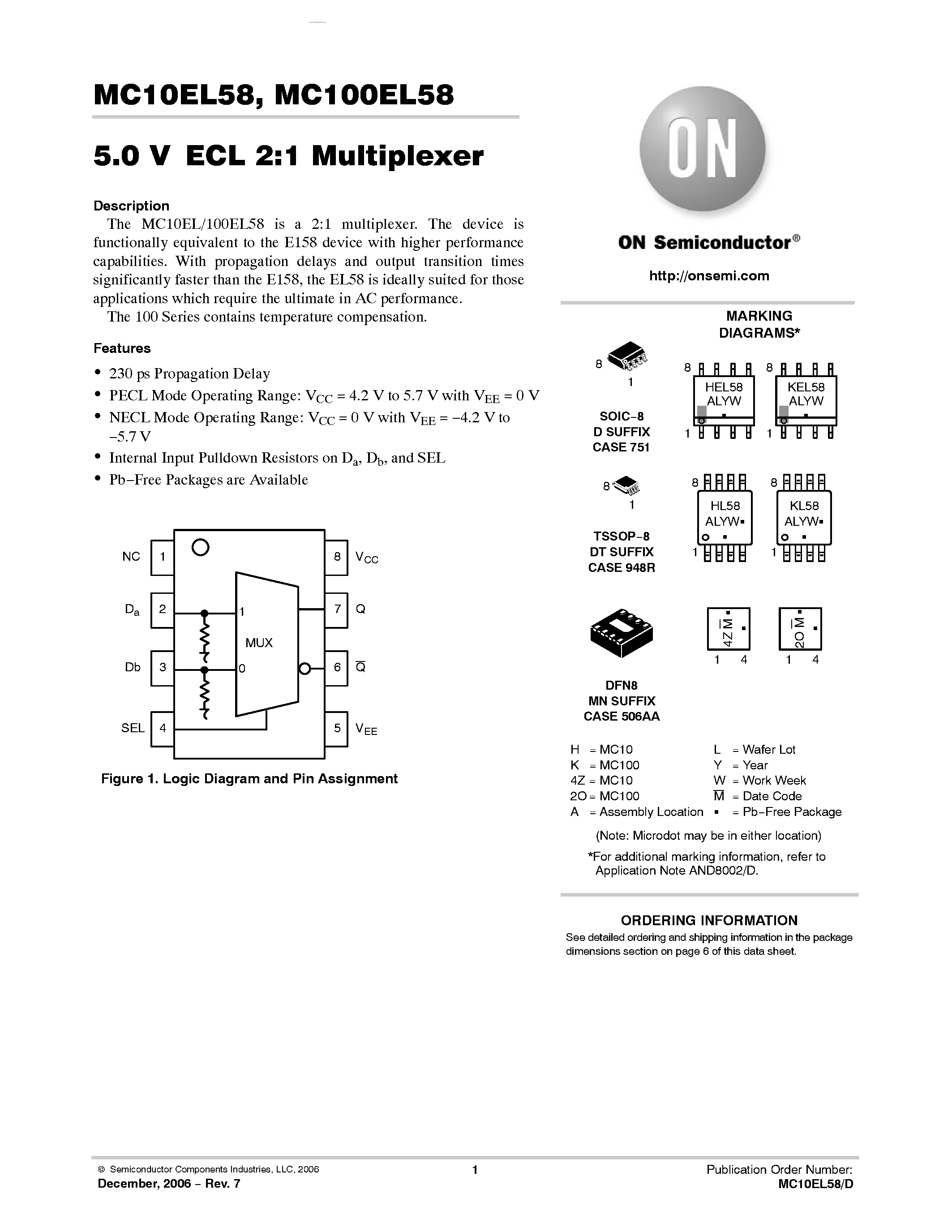 Datasheet MC100EL58 - 2:1 Multiplexer page 1