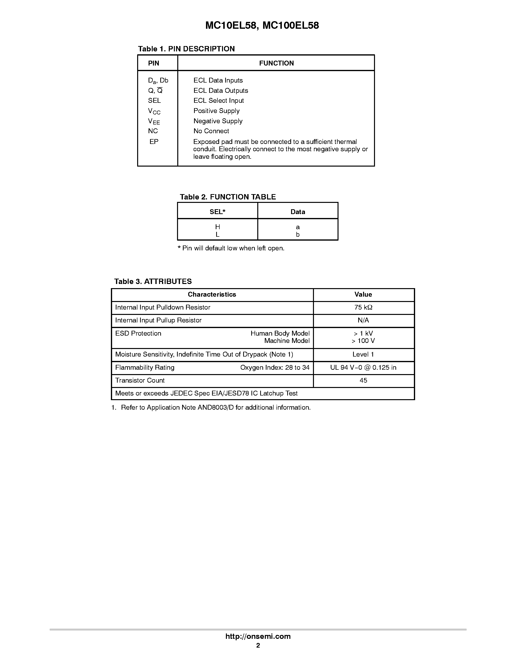 Datasheet MC100EL58 - 2:1 Multiplexer page 2