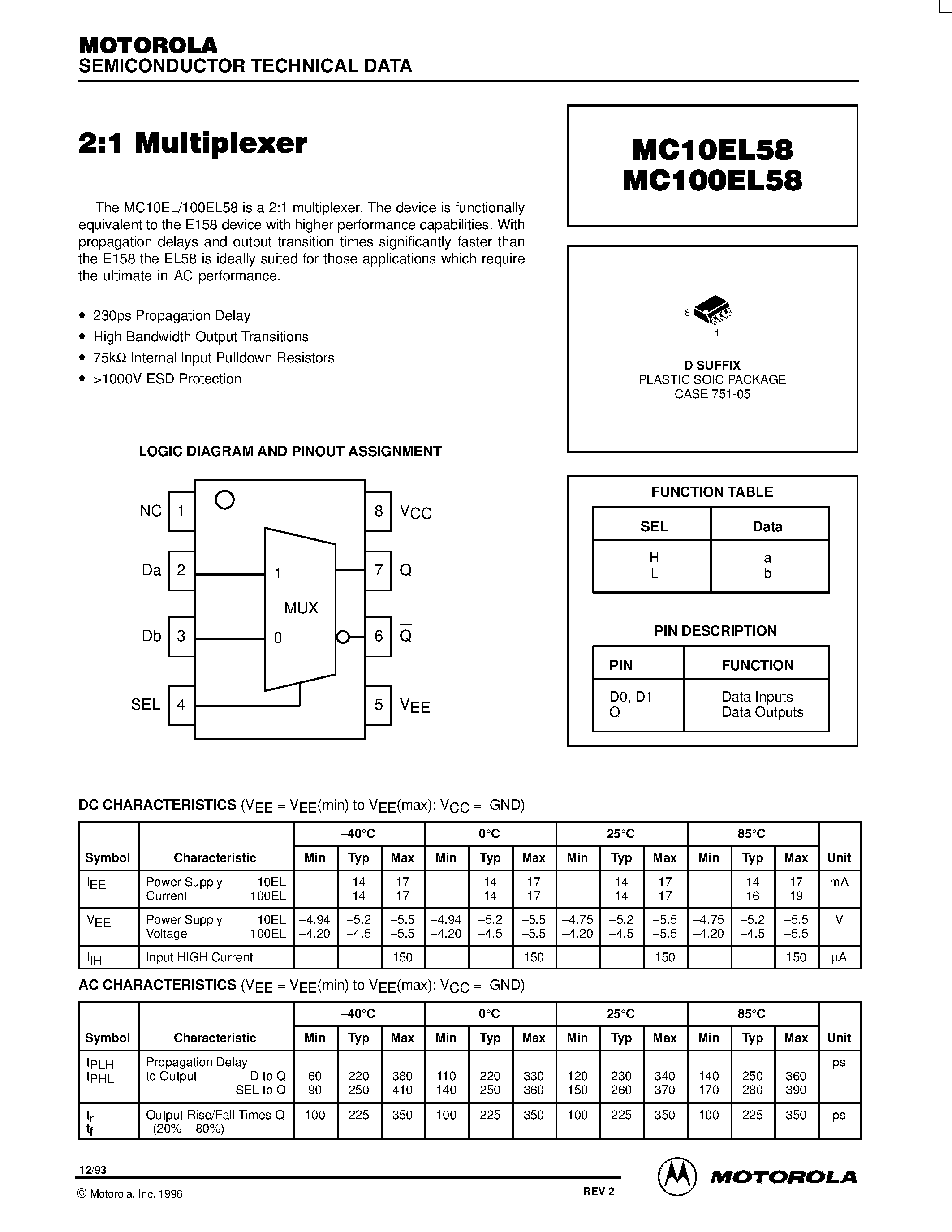 Datasheet MC100EL58D - 2:1 Multiplexer page 1