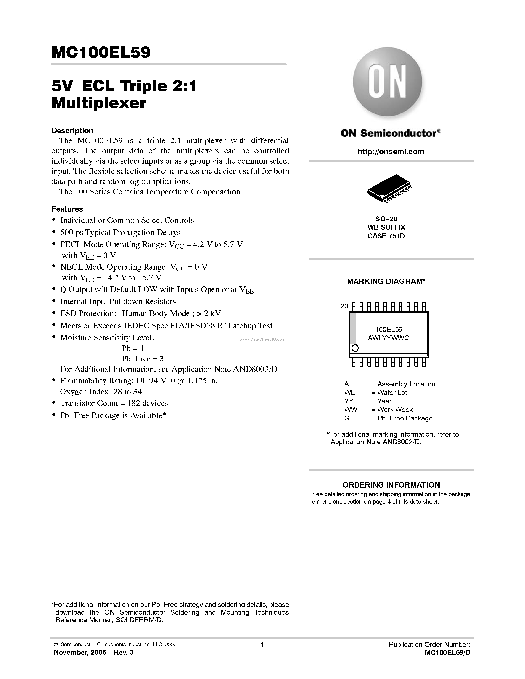 Datasheet MC100EL59 - Triple 2:1 Multiplexer page 1