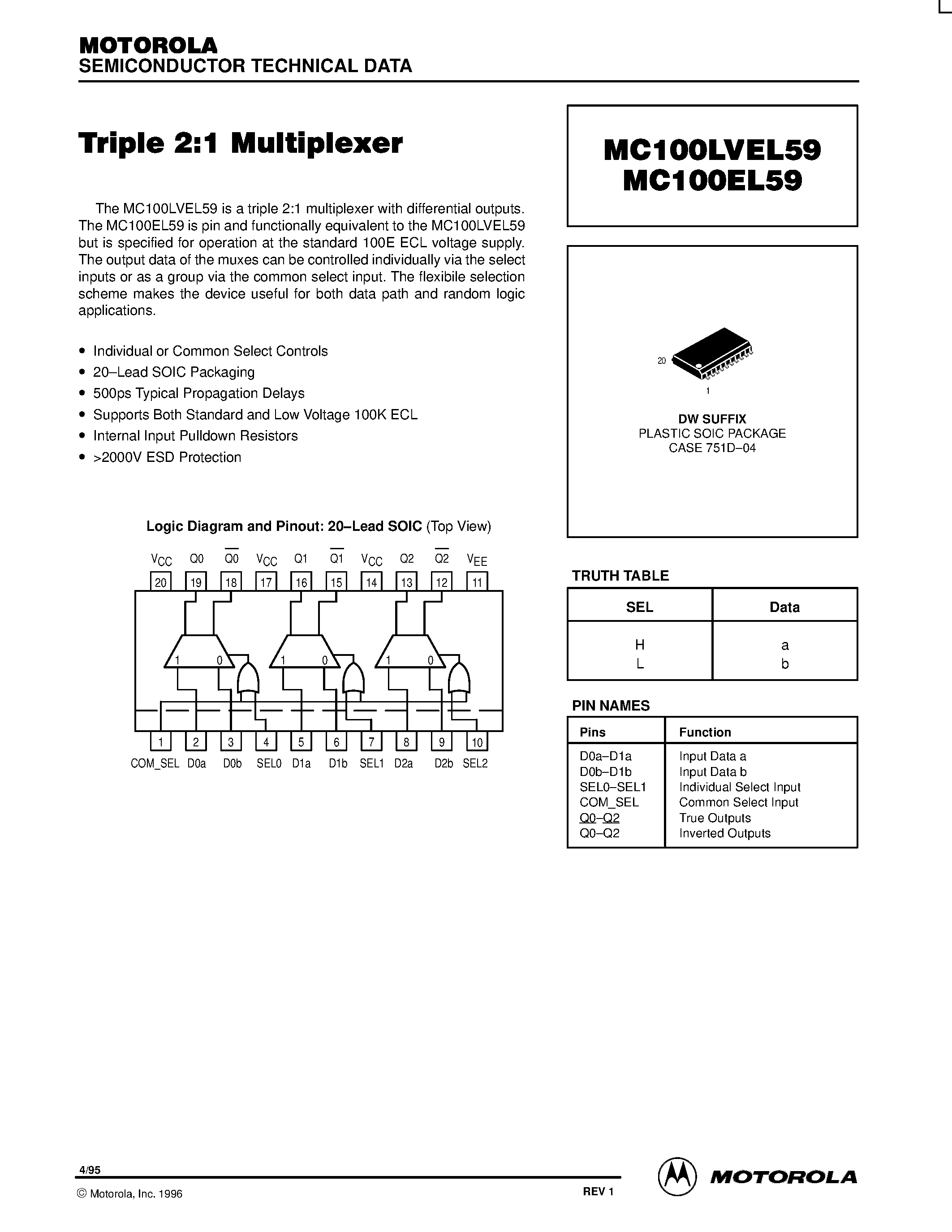 Datasheet MC100EL59DW - Triple 2:1 Multiplexer page 1