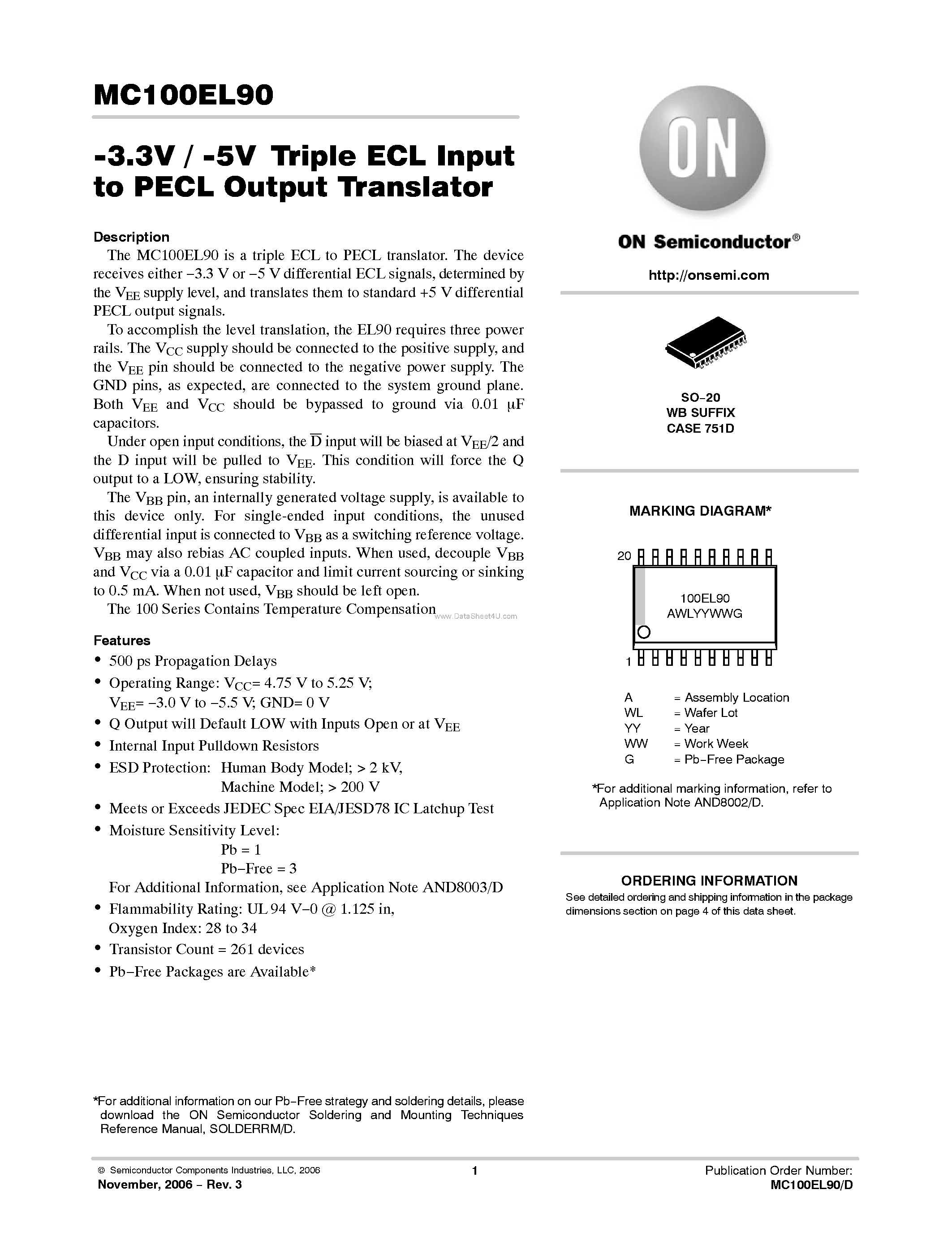 Datasheet MC100EL90 - Triple ECL to PECL Translator page 1