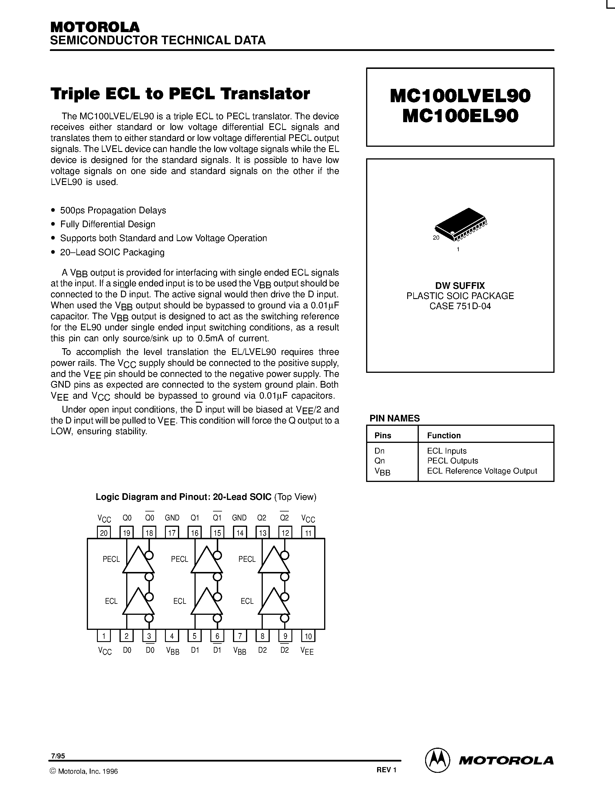 Datasheet MC100EL90DW - Triple ECL to PECL Translator page 1