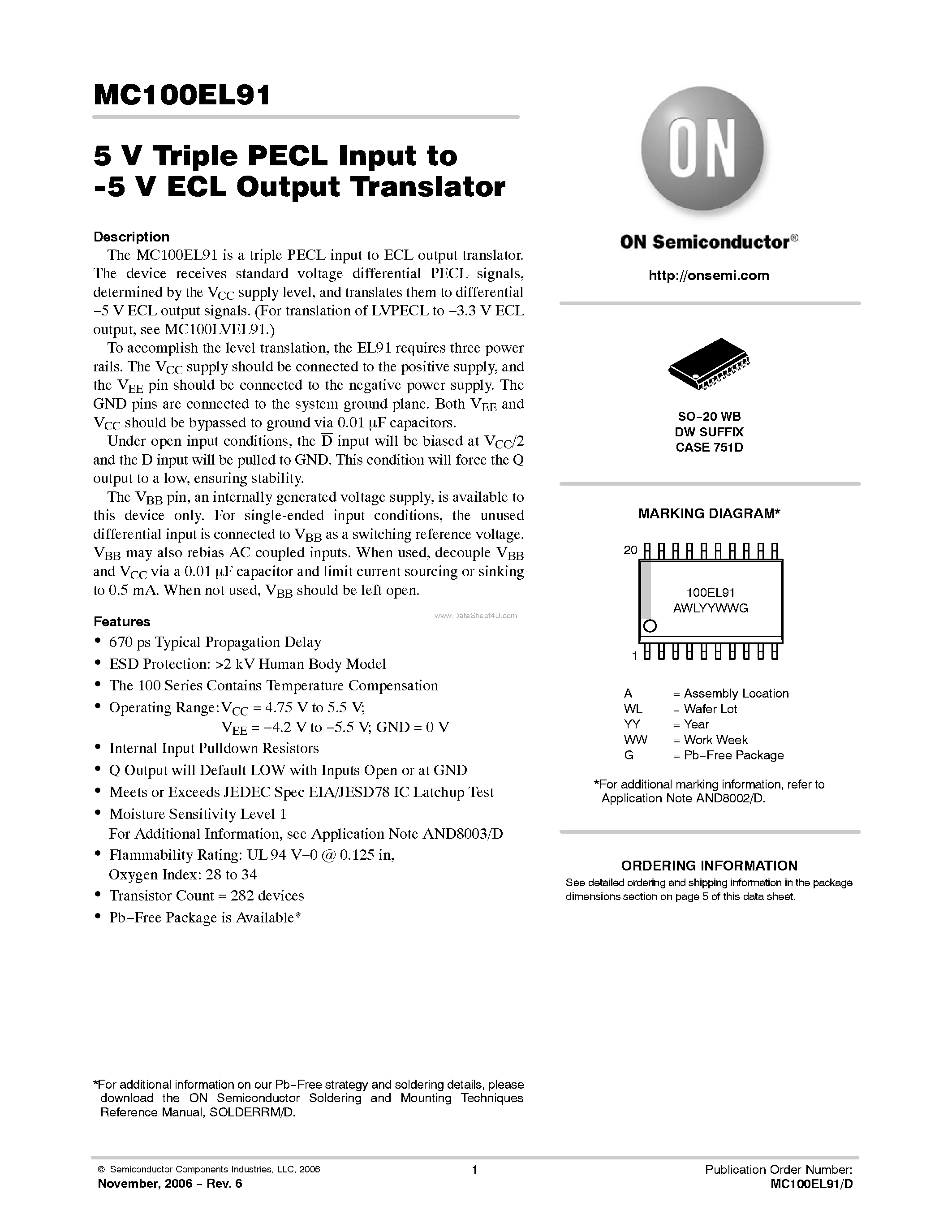 Datasheet MC100EL91 - Triple PECL to ECL Translator page 1