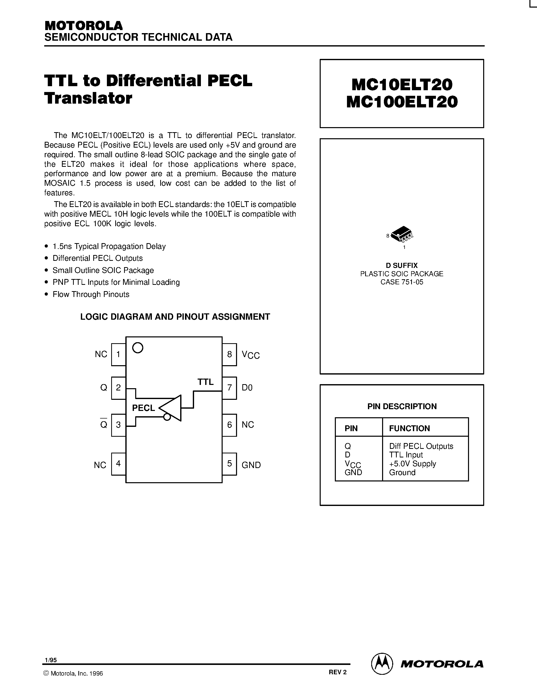 Datasheet MC100ELT20 - TTL to Differential PECL Translator page 1