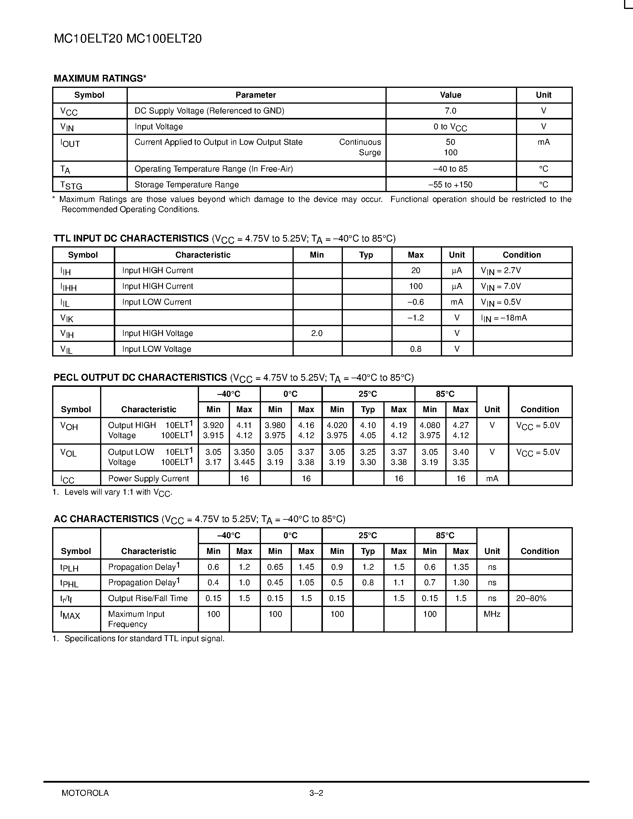 Datasheet MC100ELT20 - TTL to Differential PECL Translator page 2