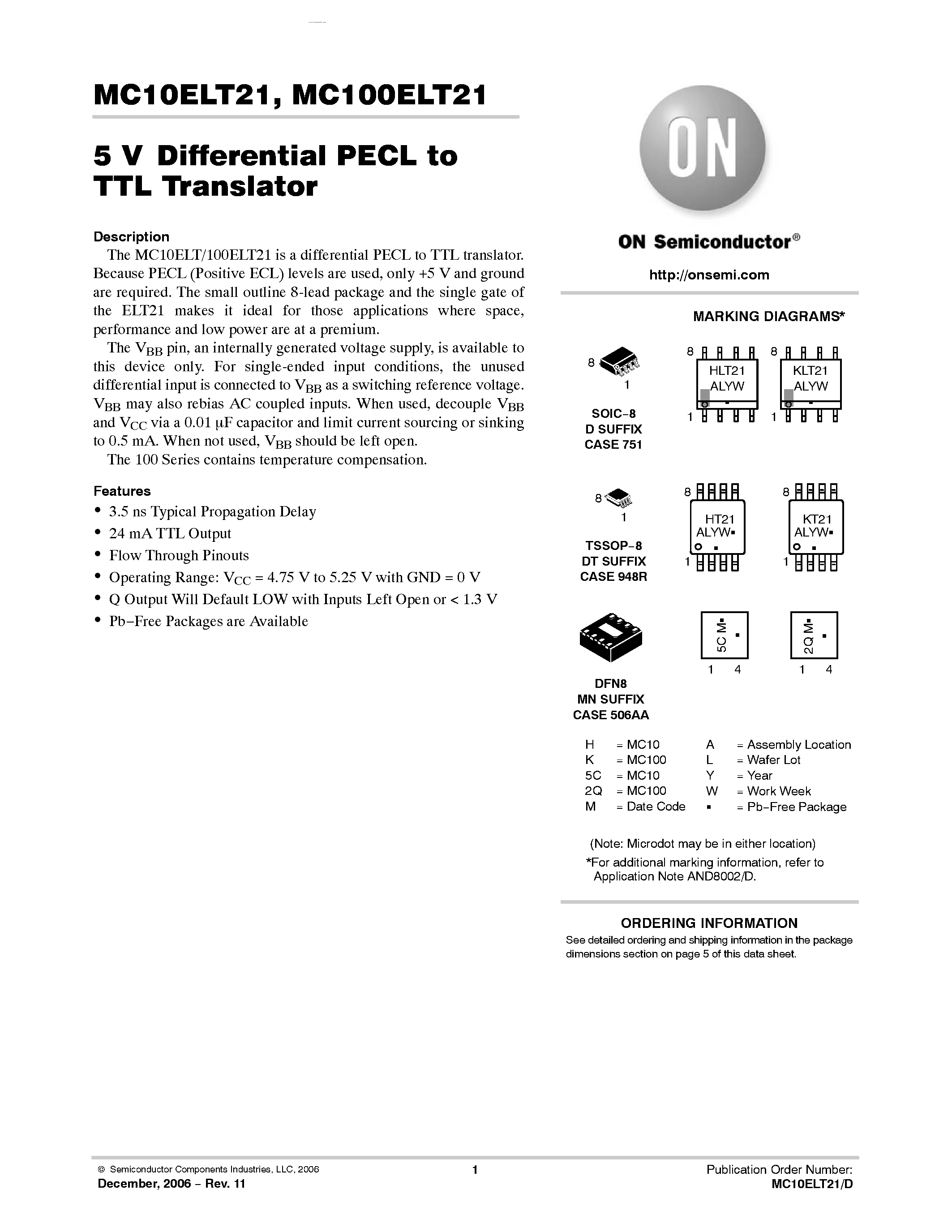 Datasheet MC100ELT21 - Differential PECL to TTL Translator page 1