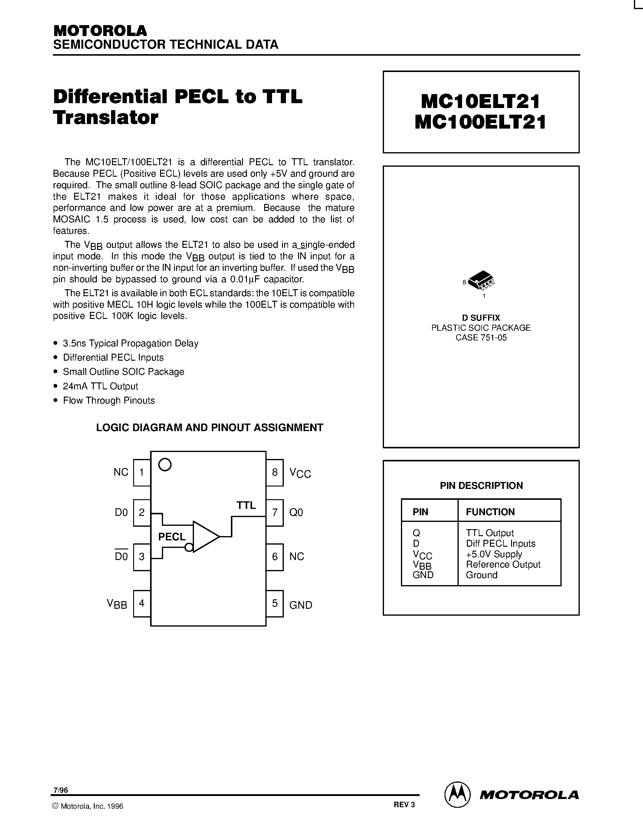 Datasheet MC100ELT21D - Differential PECL to TTL Translator page 1