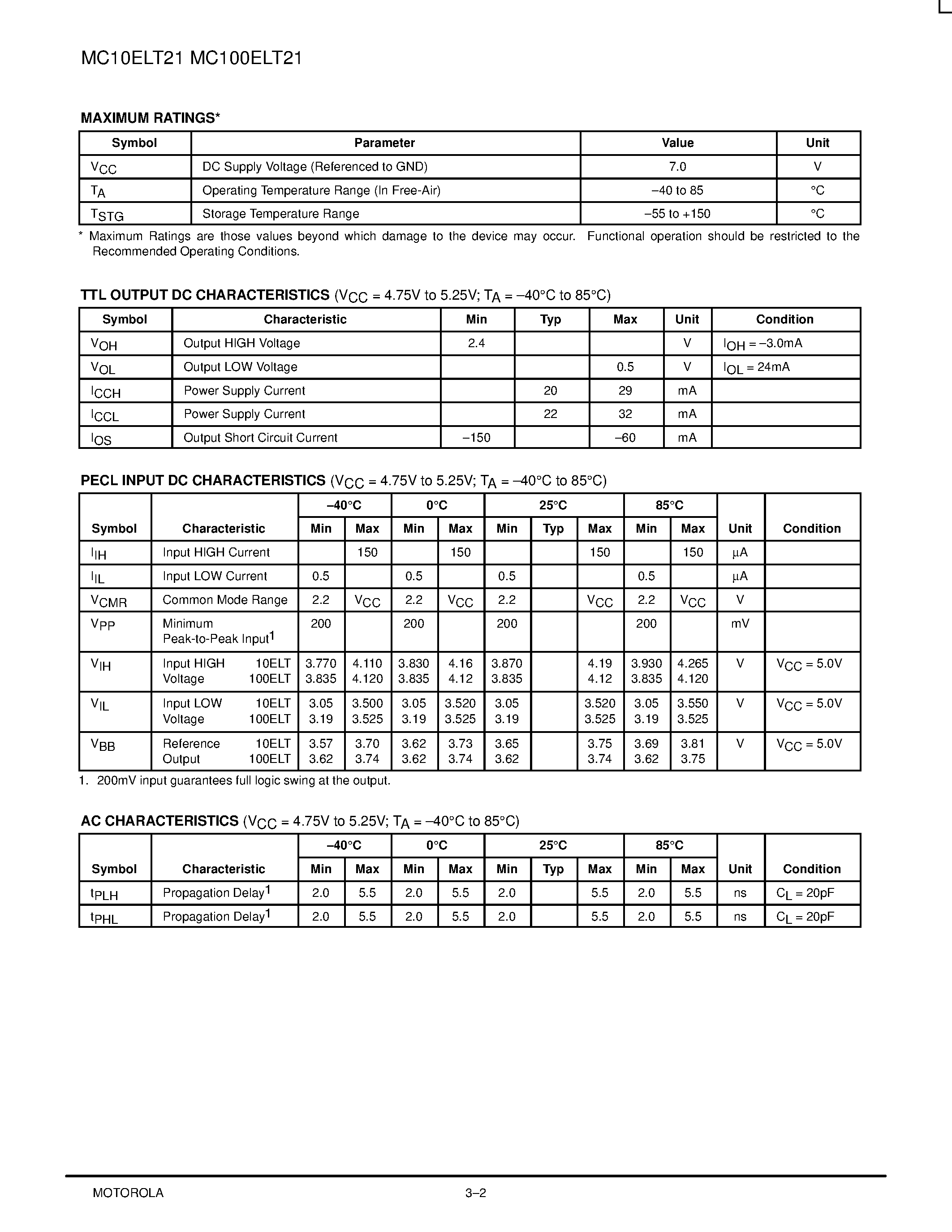 Datasheet MC100ELT21D - Differential PECL to TTL Translator page 2