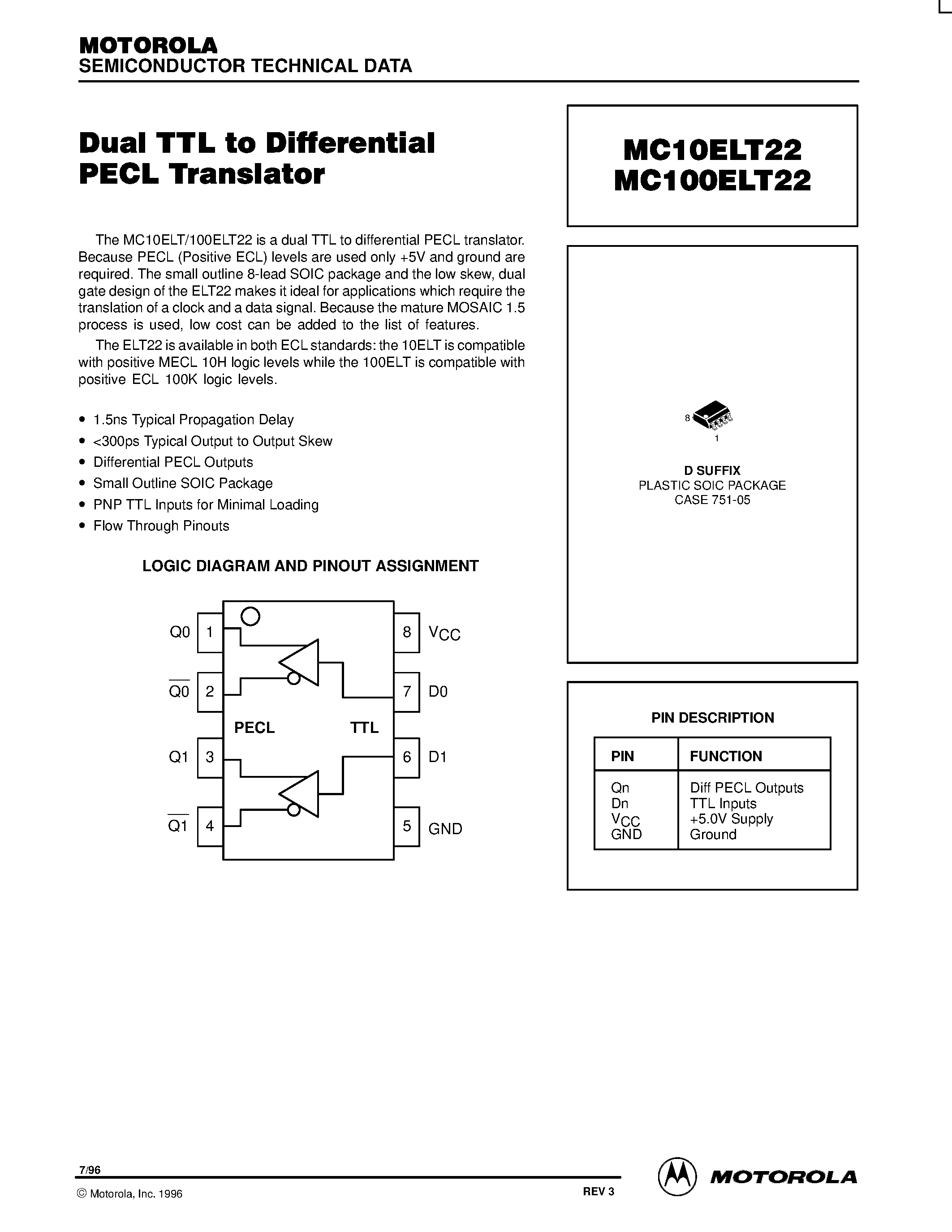 Datasheet MC100ELT22D - Dual TTL to Differential PECL Translator page 1