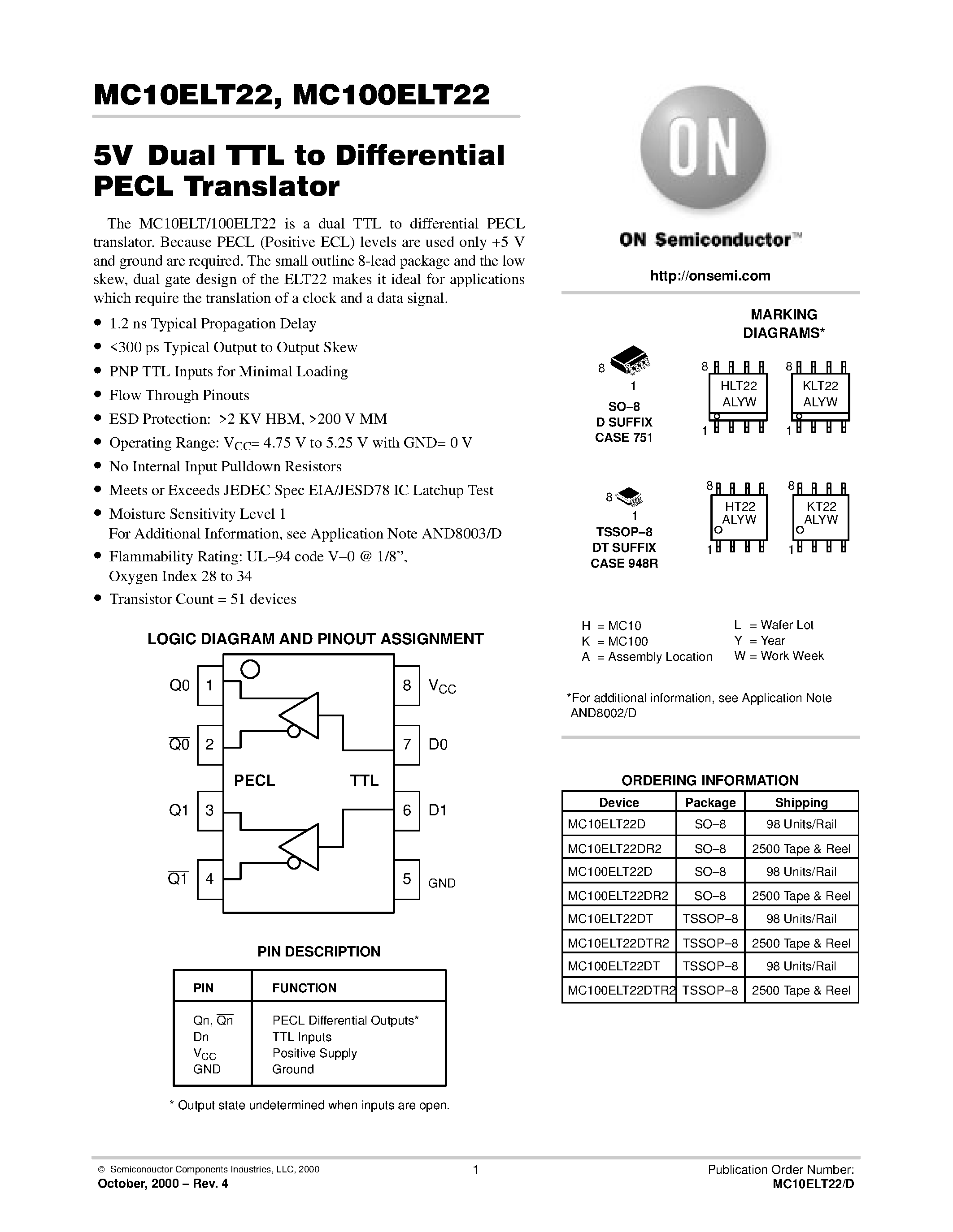 Datasheet MC100ELT22D - 5VDual TTL to Differential PECL Translator page 1