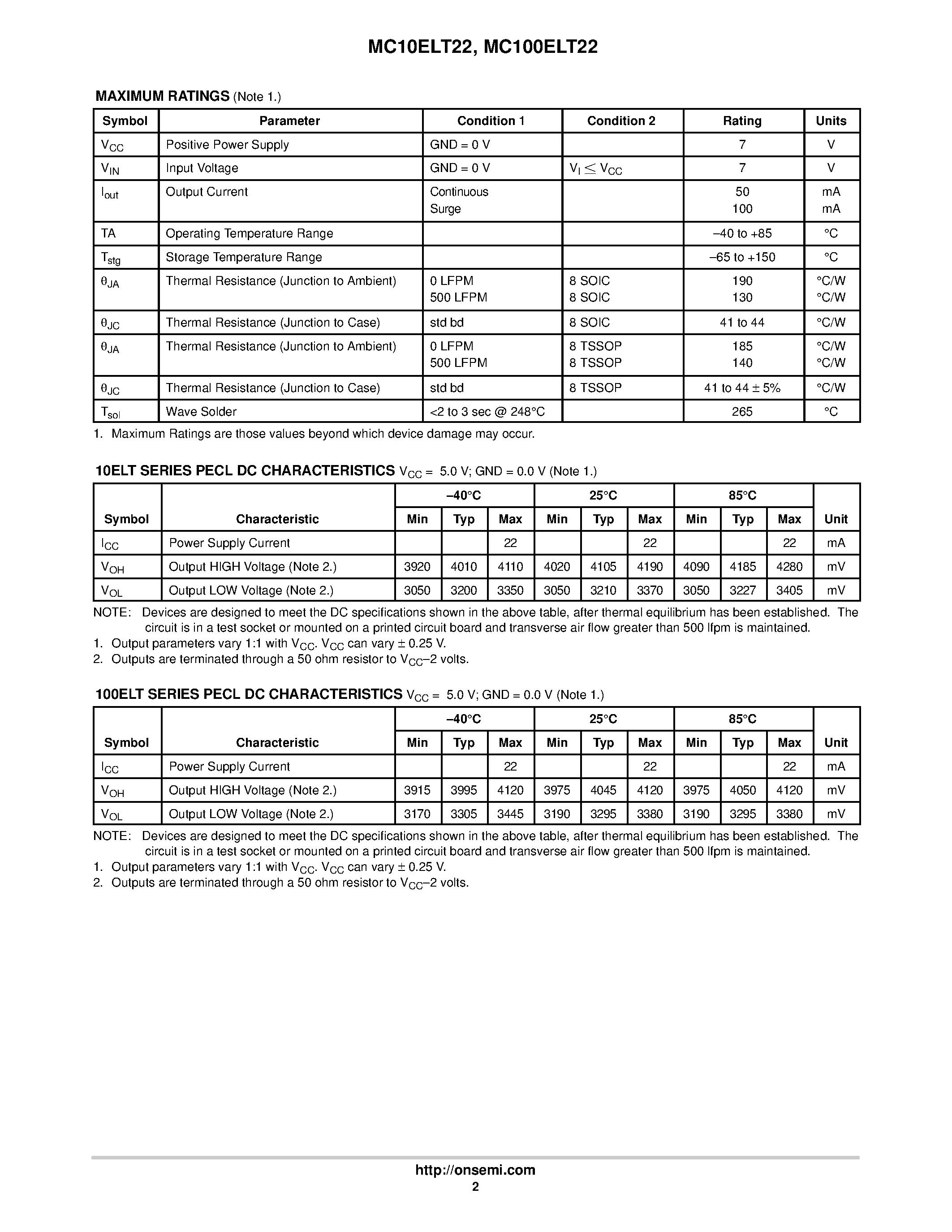 Datasheet MC100ELT22D - 5VDual TTL to Differential PECL Translator page 2