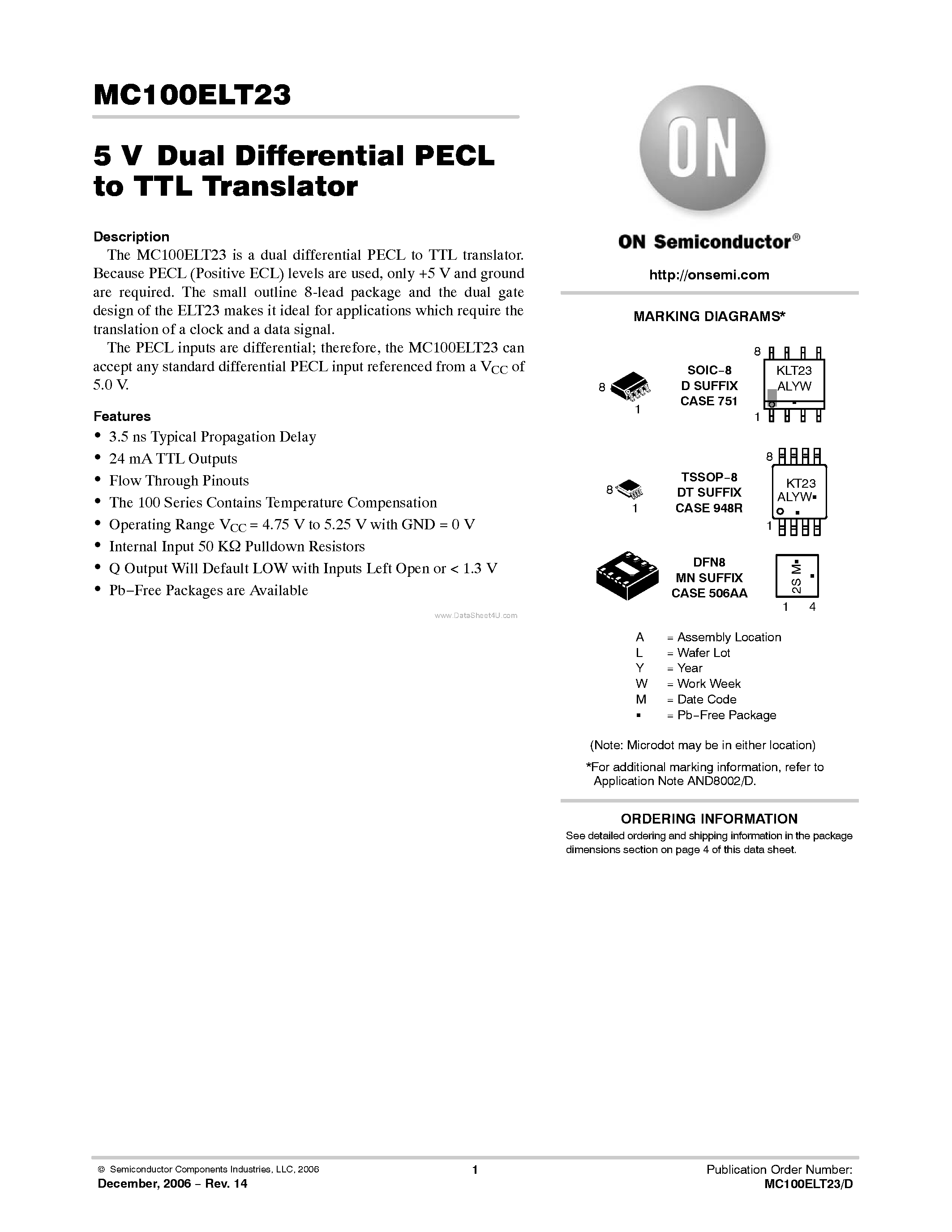 Datasheet MC100ELT23 - Dual Differential PECL to TTL Translator page 1