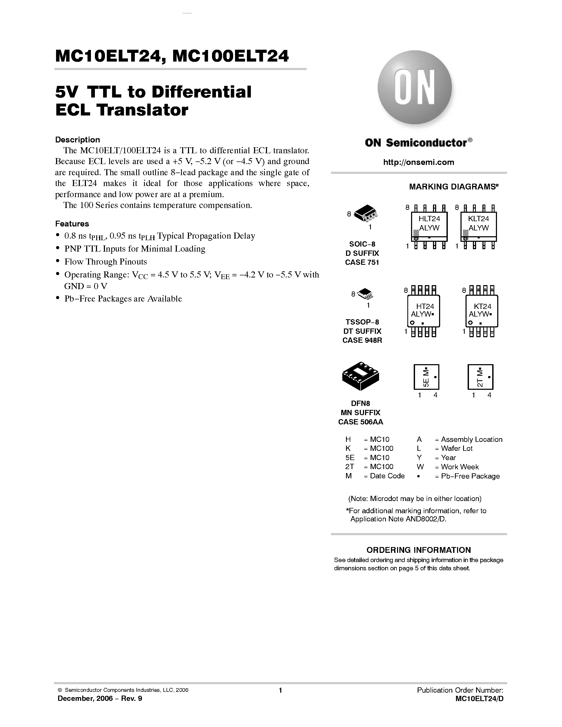 Datasheet MC100ELT24 - TTL to Differential ECL Translator page 1