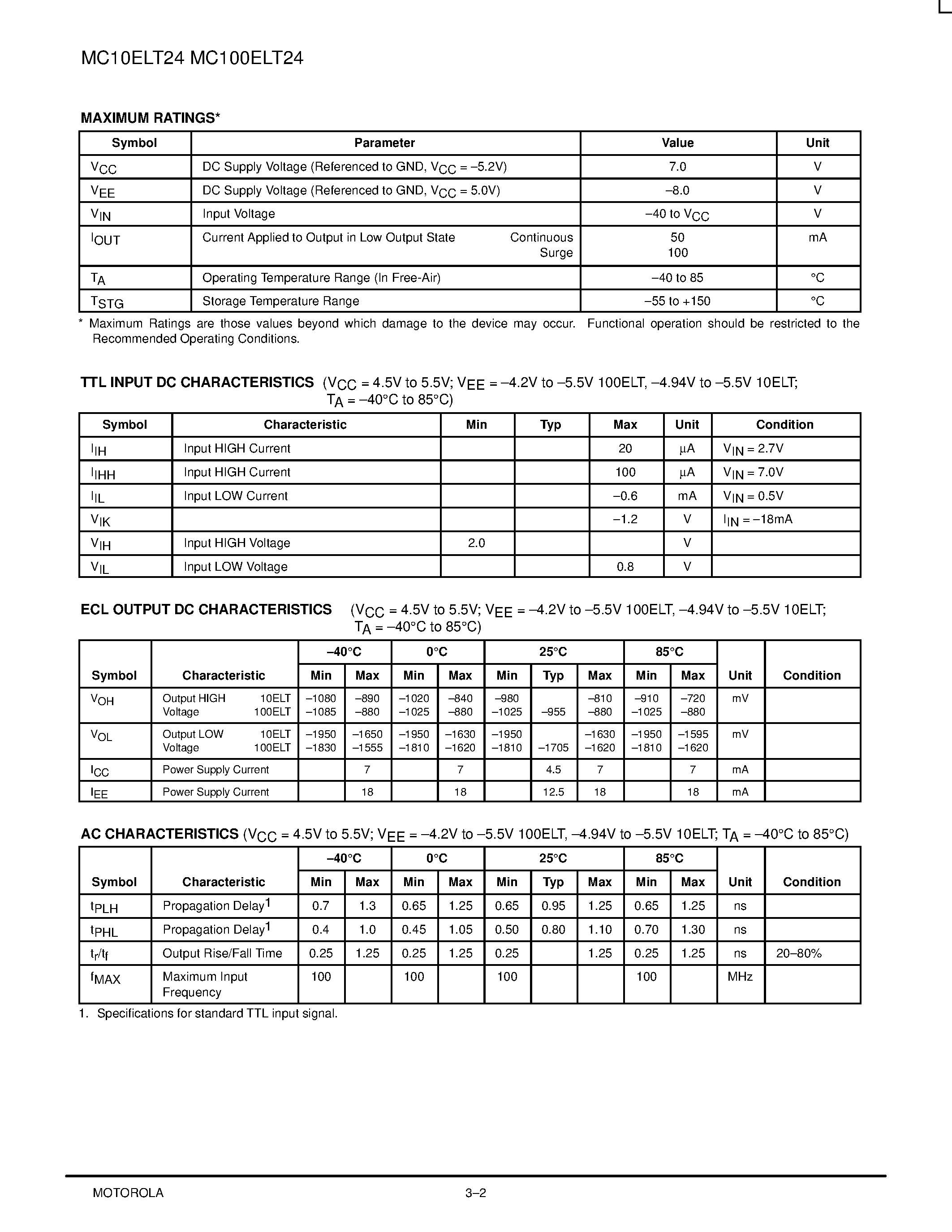 Datasheet MC100ELT24D - TTL to Differential ECL Translator page 2