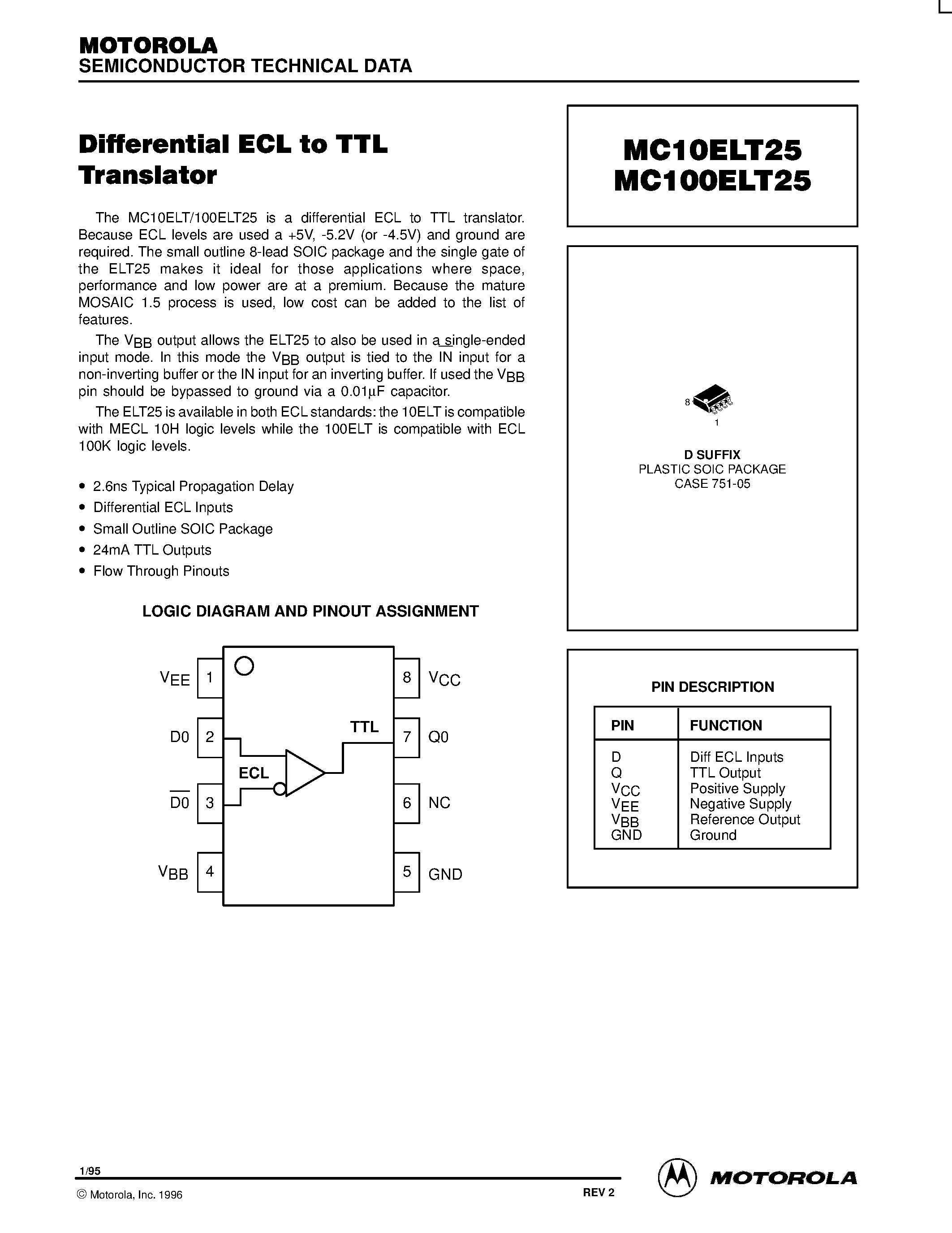 Datasheet MC100ELT25 - Differential ECL to TTL Translator page 1