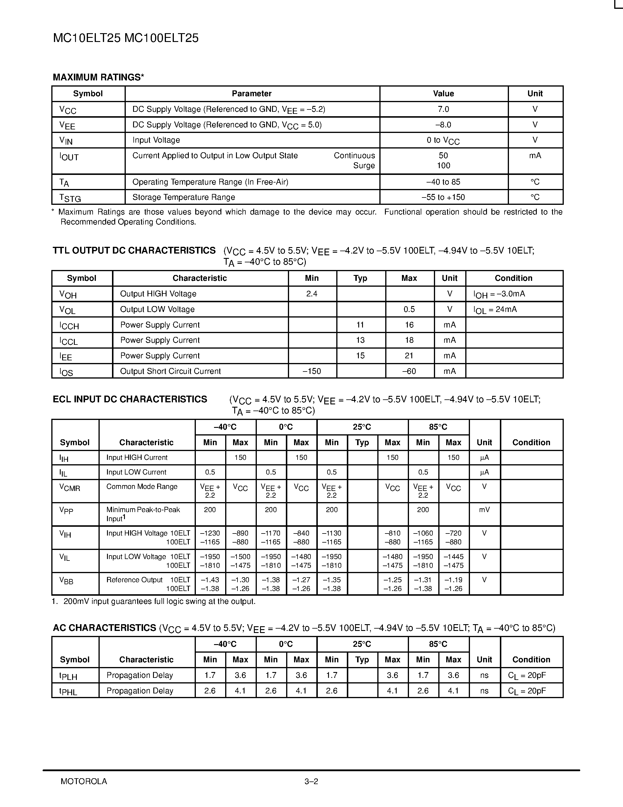 Datasheet MC100ELT25 - Differential ECL to TTL Translator page 2