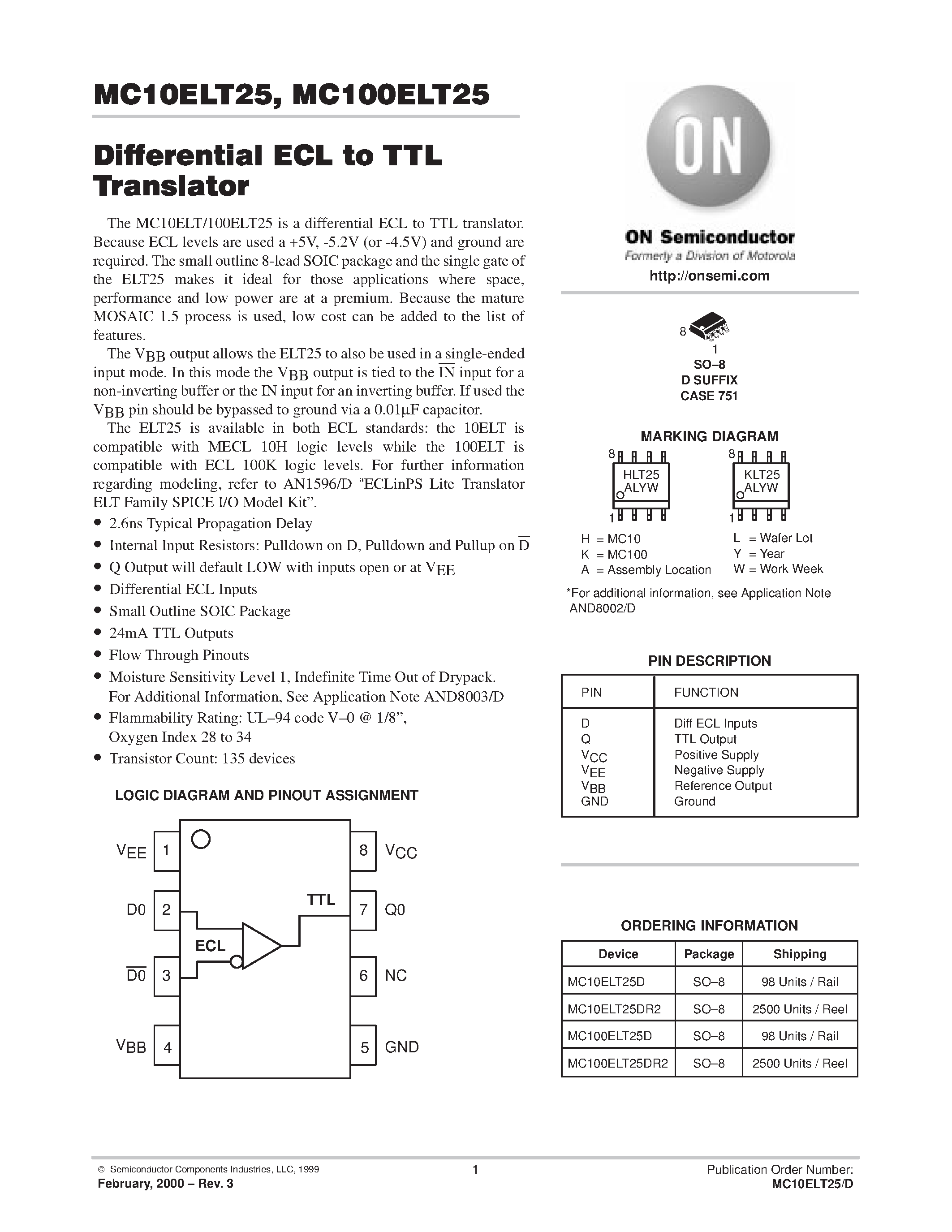 Datasheet MC100ELT25 - Differential ECL to TTL Translator page 1