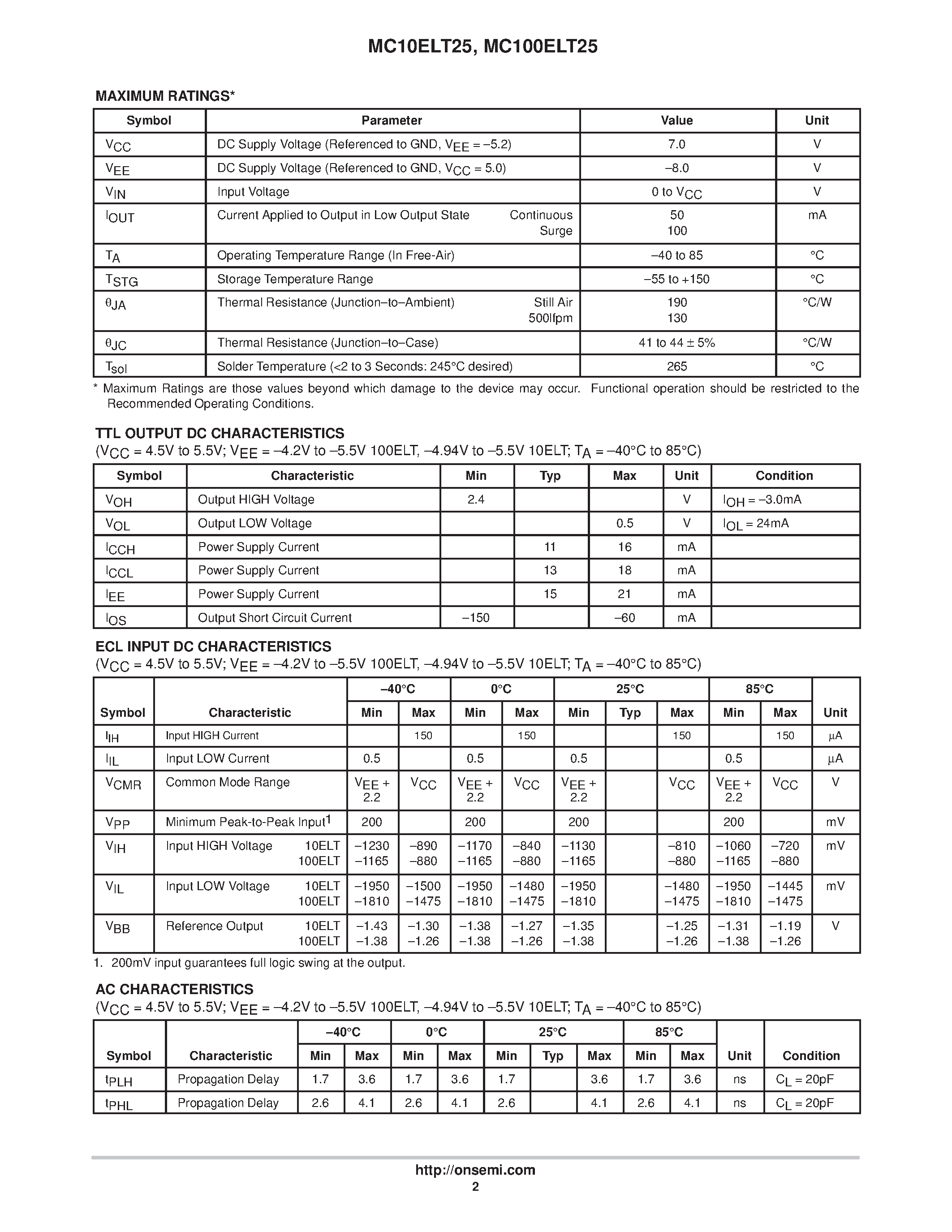 Datasheet MC100ELT25 - Differential ECL to TTL Translator page 2