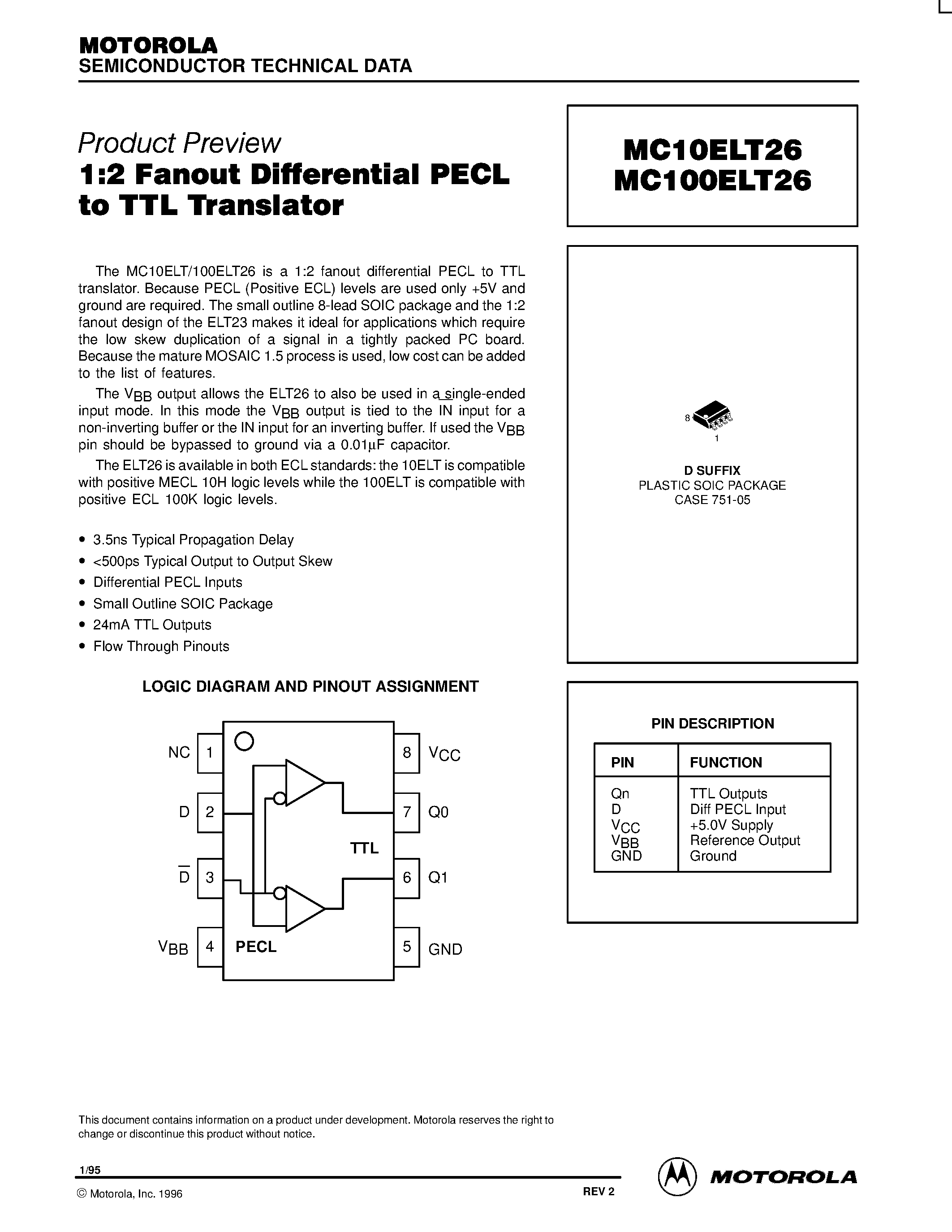 Datasheet MC100ELT26 - 1:2 Fanout Differential PECL to TTL Translator page 1