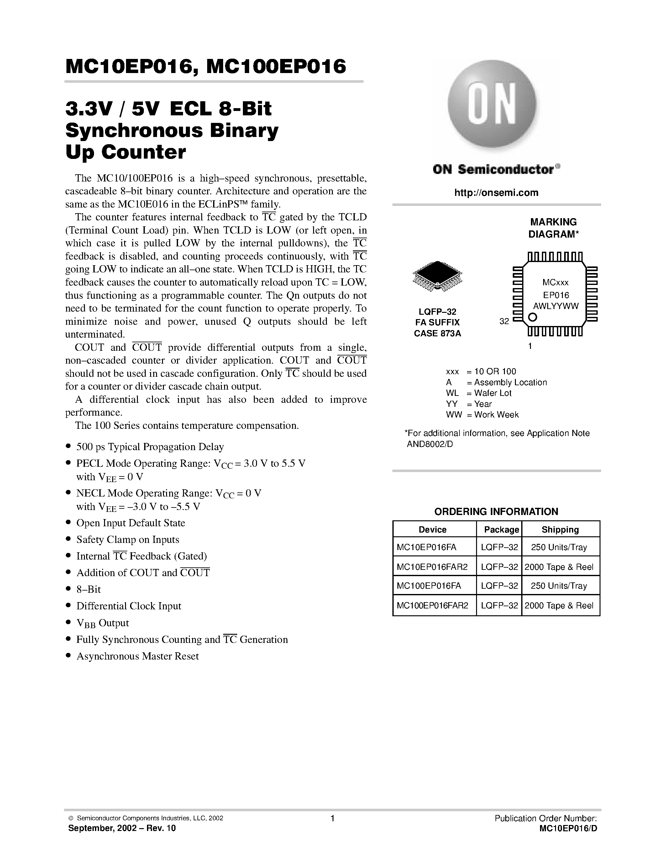 Datasheet MC100EP016 - 3.3V / 5VECL 8-Bit Synchronous Binary Up Counter page 1