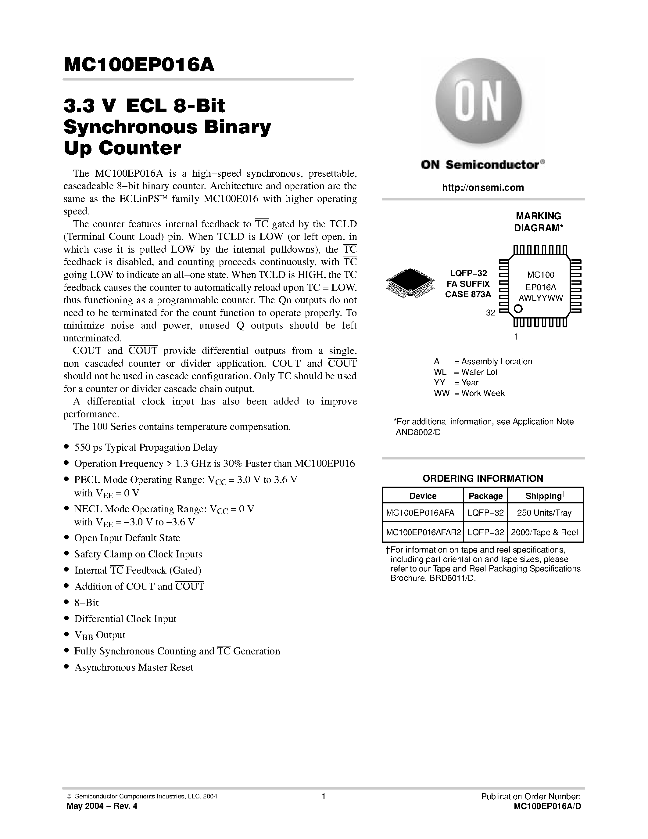 Datasheet MC100EP016A - 3.3 V ECL 8-Bit Synchronous Binary Up Counter page 1