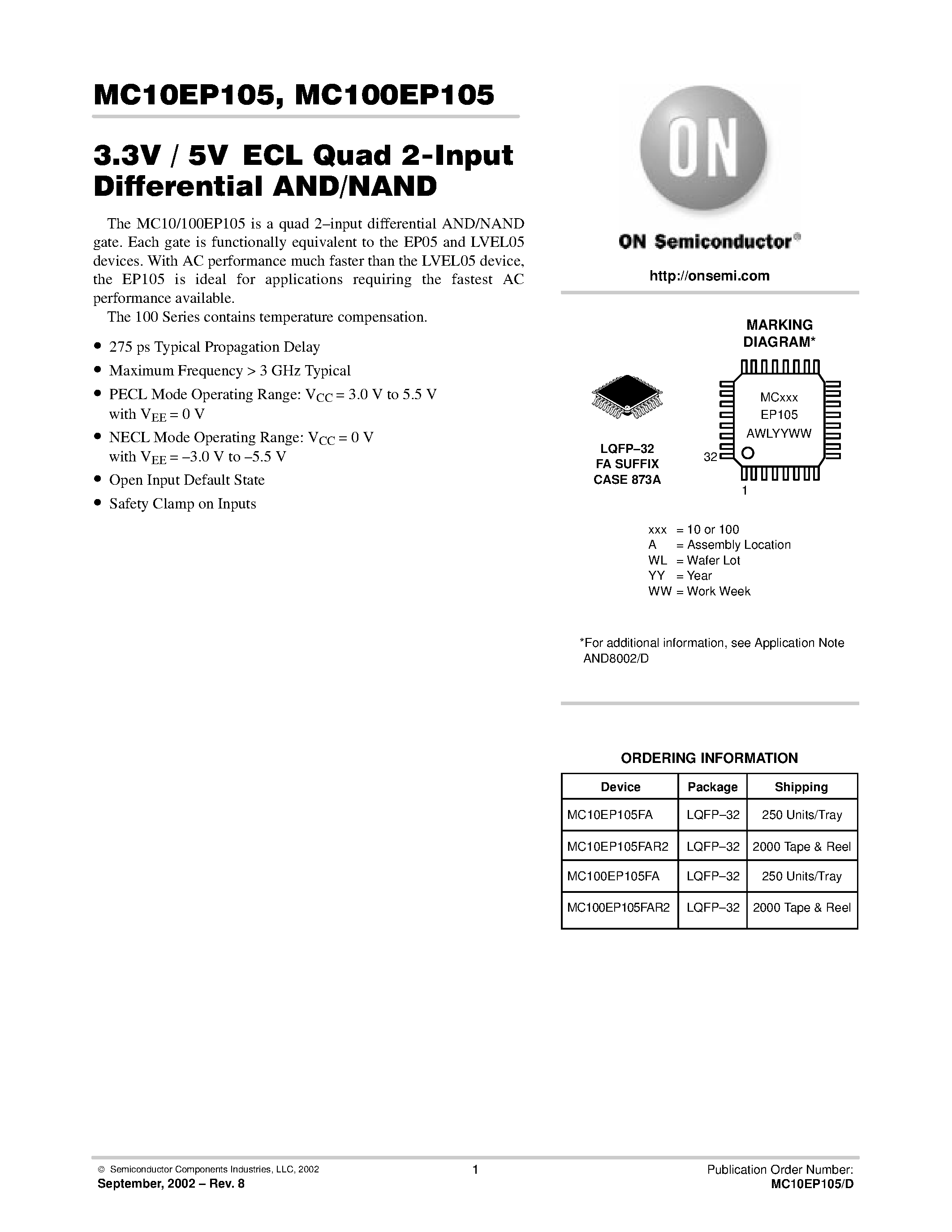 Datasheet MC100EP1 - 3.3V / 5VECL Quad 2-Input Differential AND/NAND page 1