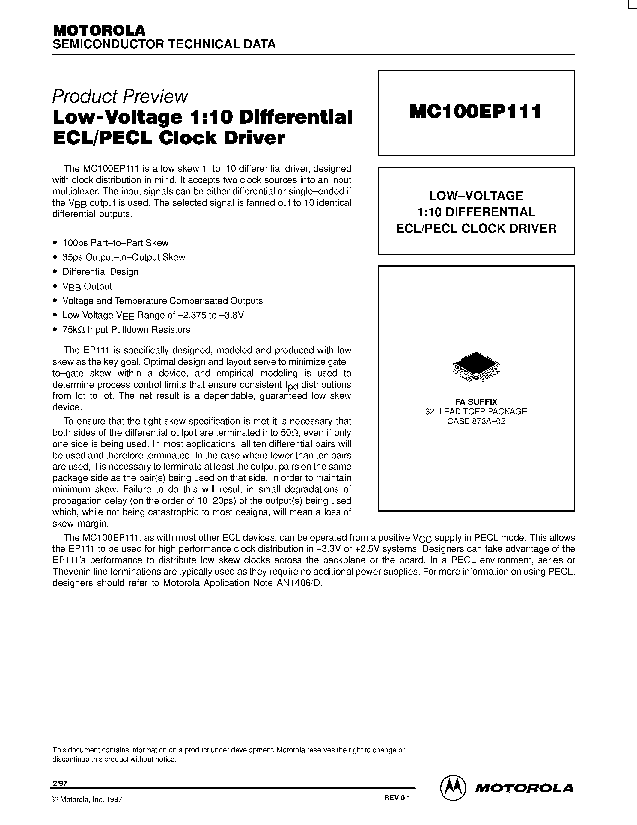 Datasheet MC100EP111 - LOW-VOLTAGE 1:10 DIFFERENTIAL ECL/PECL CLOCK DRIVER page 1