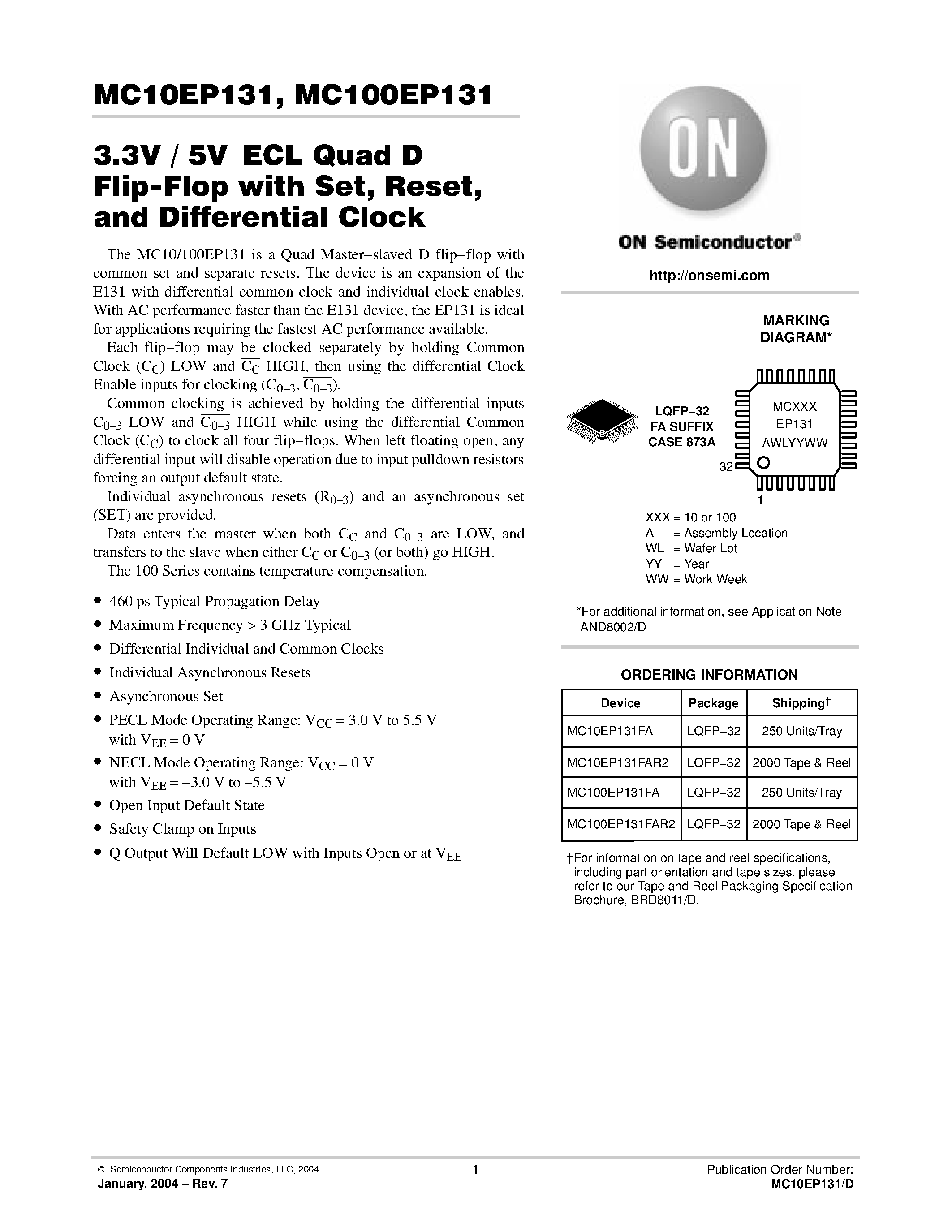 Datasheet MC100EP131FA - 3.3V / 5V ECL Quad D Flip-Flop with Set / Reset / and Differential Clock page 1