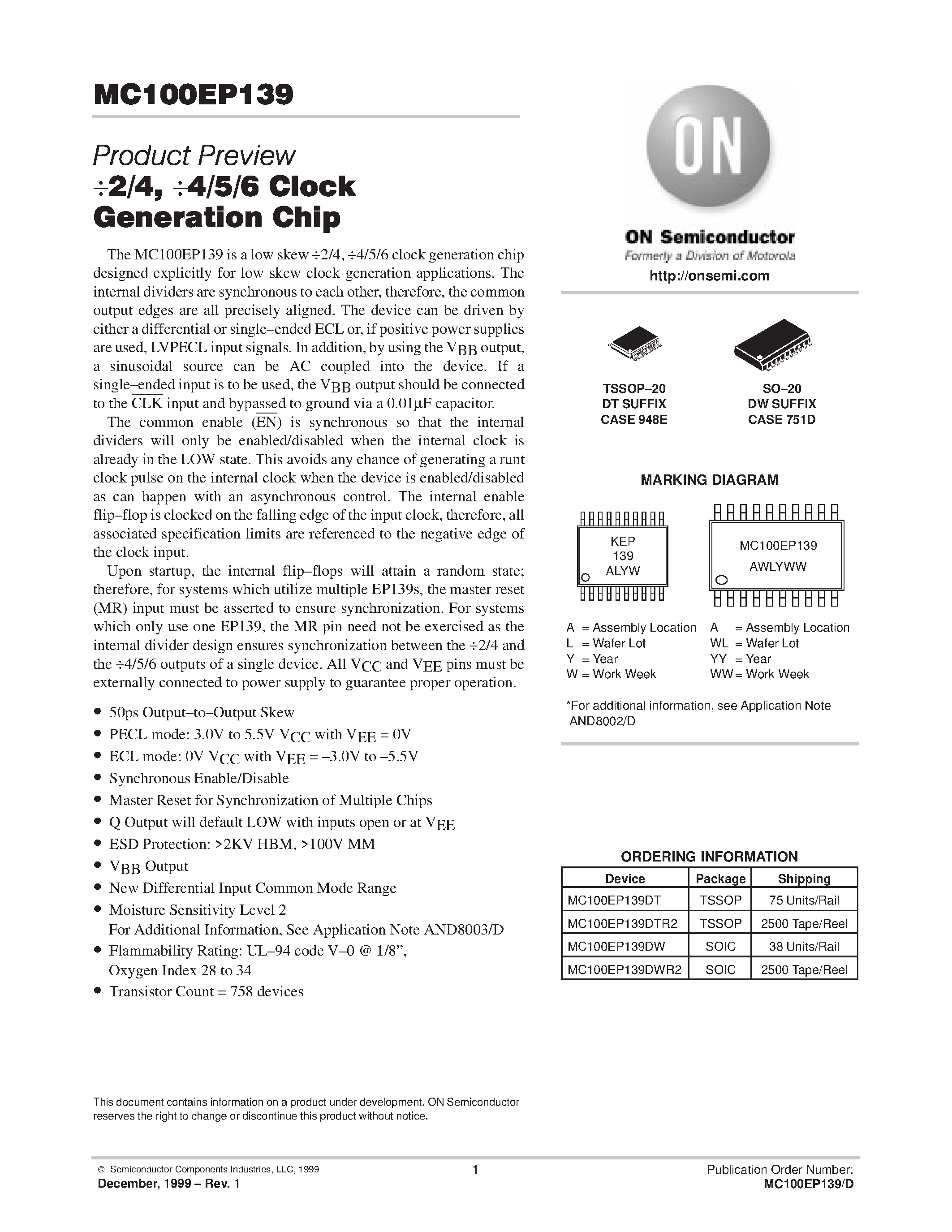 Datasheet MC100EP139 - 2/4 / 4./5/6 Clock Generation Chip page 1