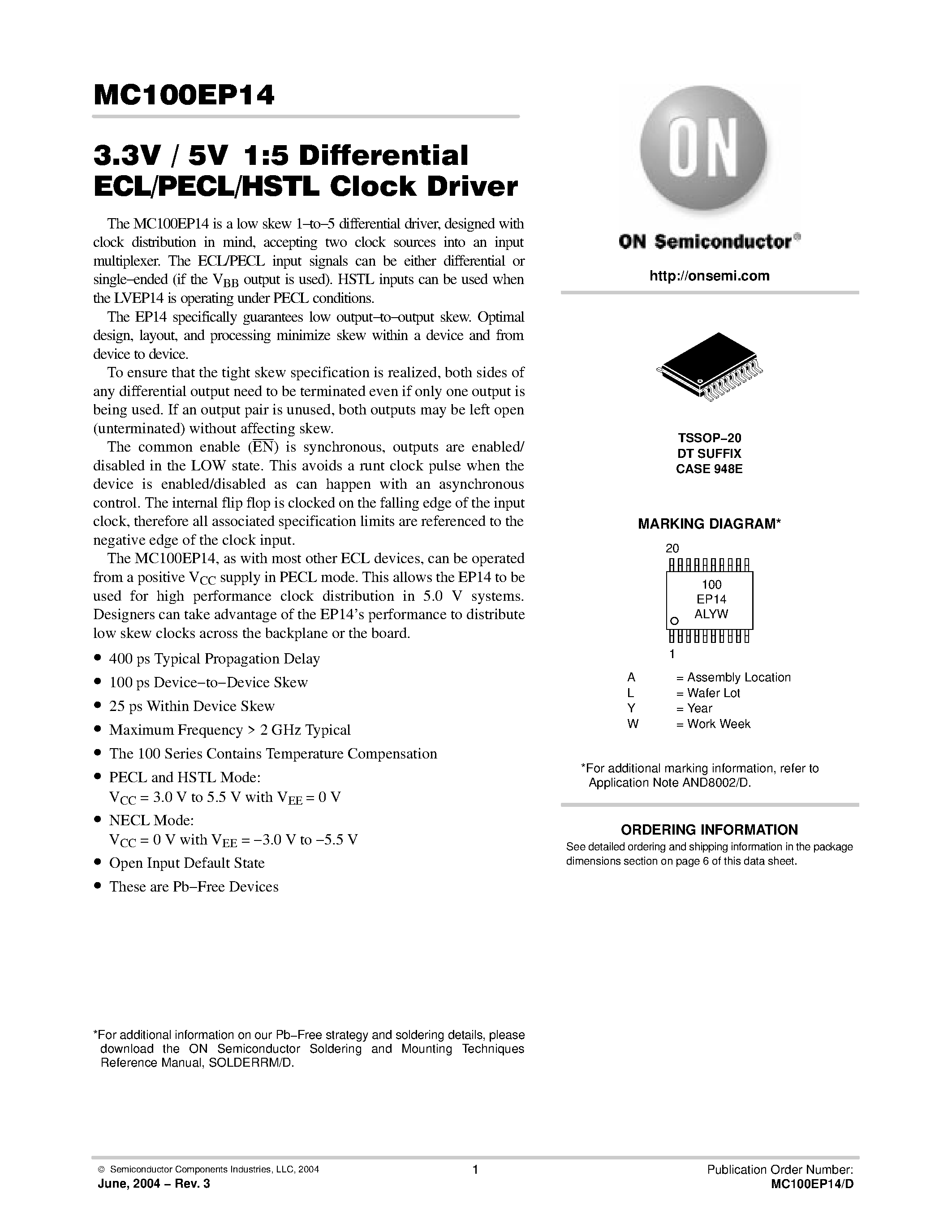 Datasheet MC100EP14 - 3.3V / 5V 1:5 Differential ECL/PECL/HSTL Clock Driver page 1