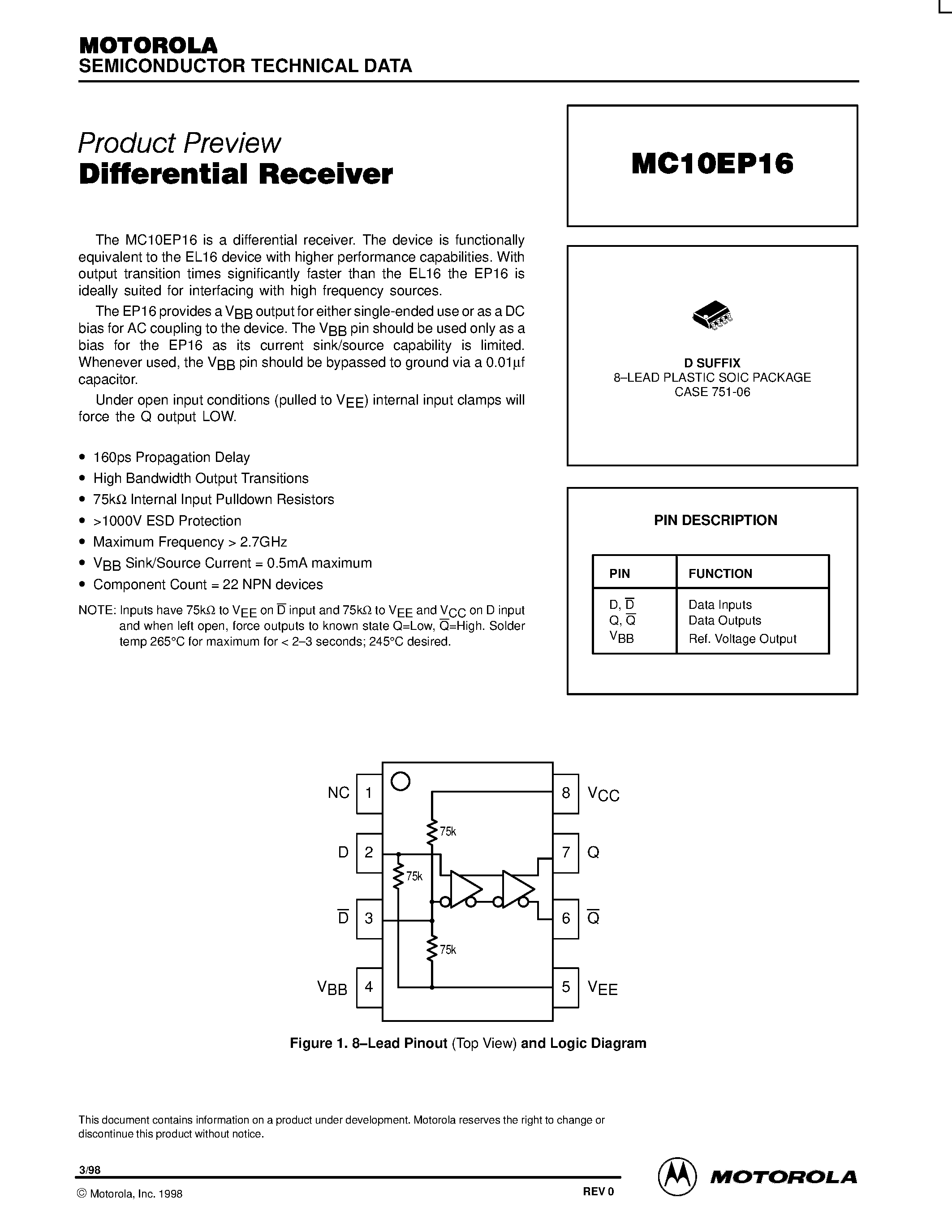 Datasheet MC100EP16 - Differential Receiver page 1