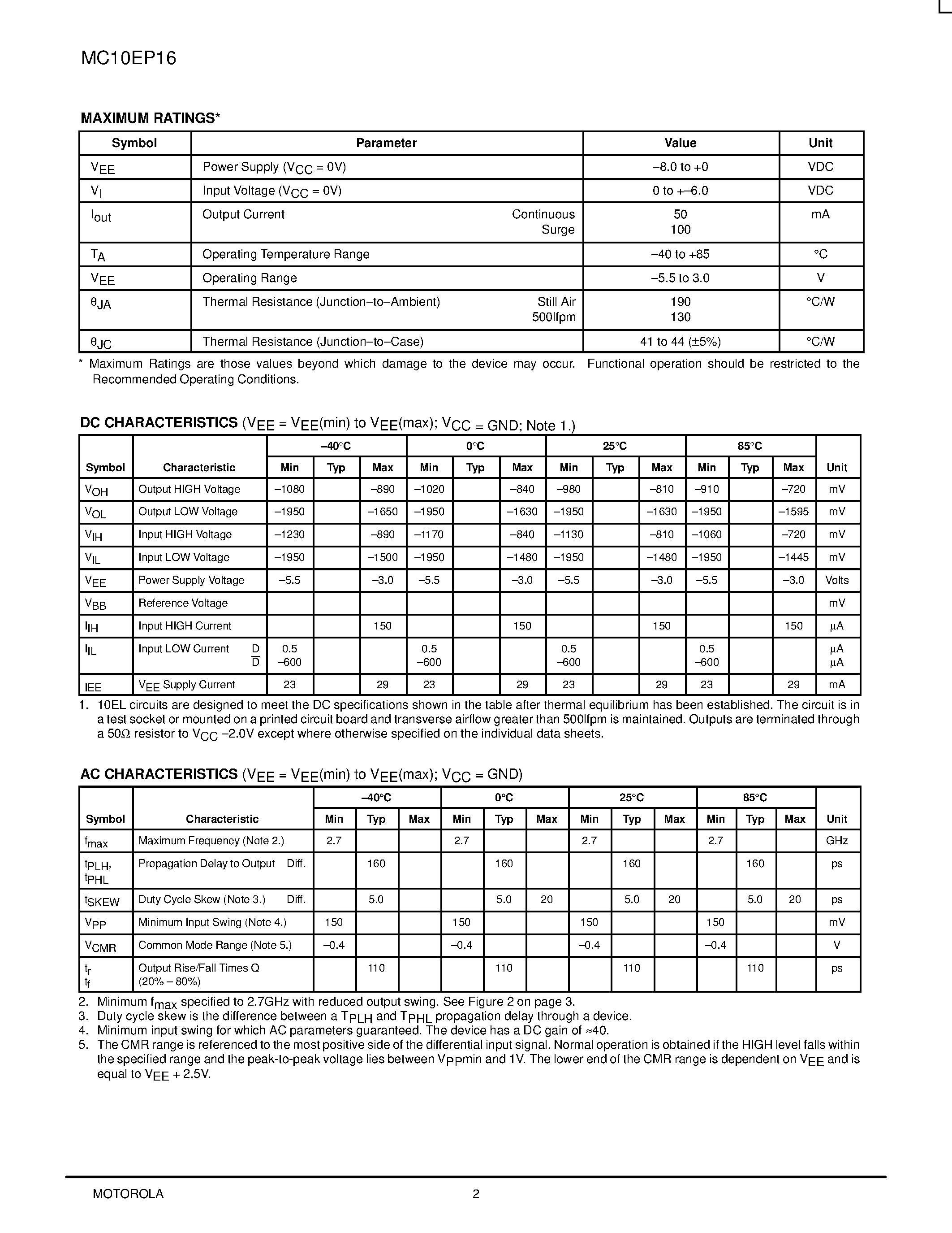 Datasheet MC100EP16 - Differential Receiver page 2