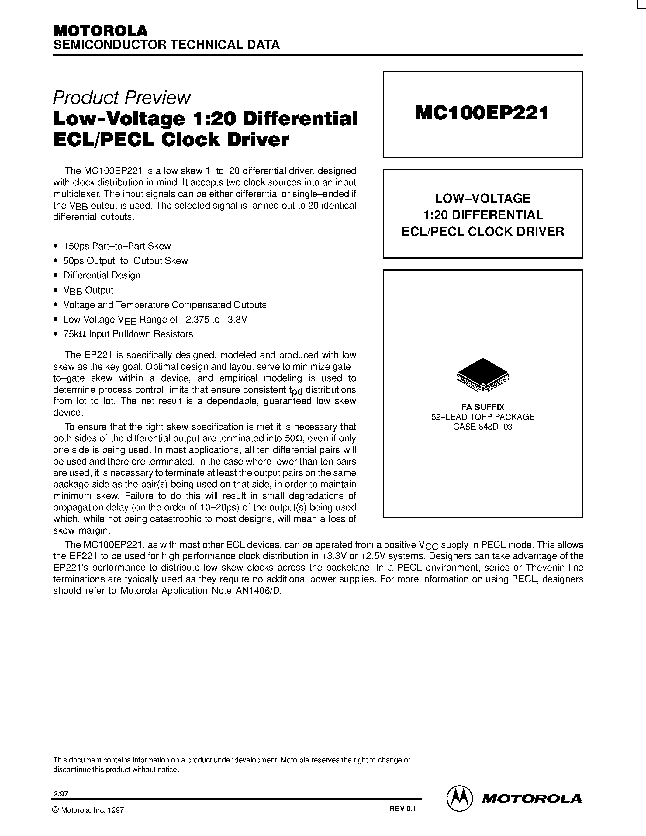 Datasheet MC100EP221FA - LOW-VOLTAGE 1:20 DIFFERENTIAL ECL/PECL CLOCK DRIVER page 1