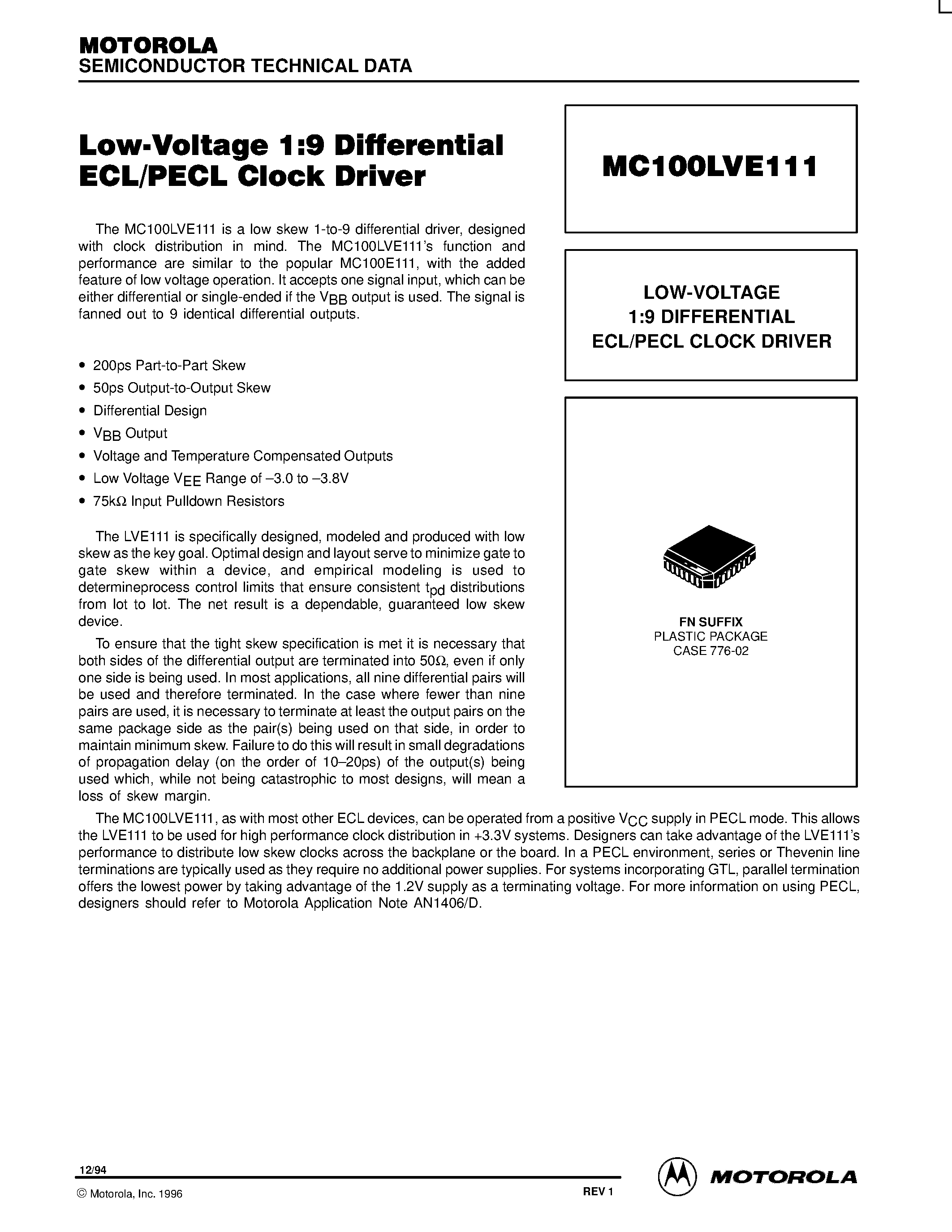 Datasheet MC100EP221FN - LOW-VOLTAGE 1:9 DIFFERENTIAL ECL/PECL CLOCK DRIVER page 1