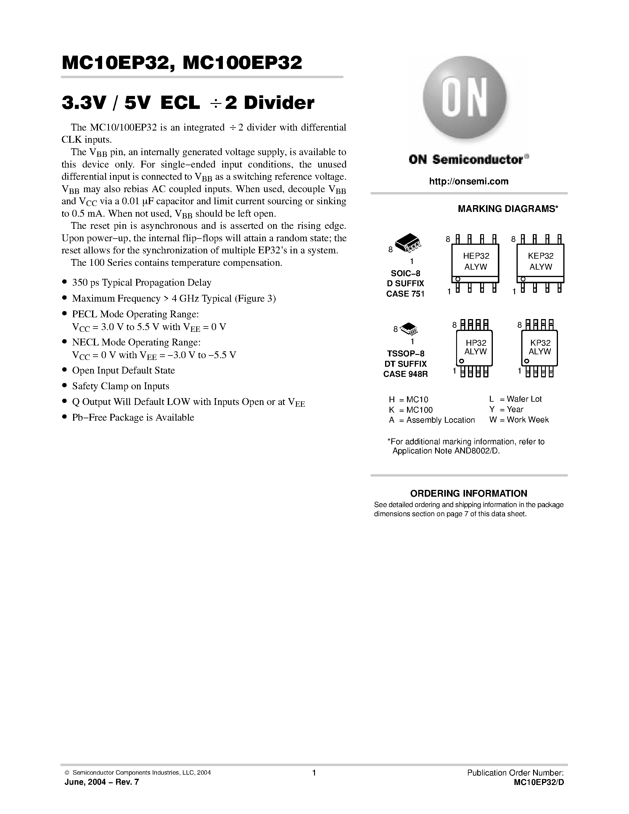 Datasheet MC100EP32 - 3.3V 5V ECL / 2 Divider page 1