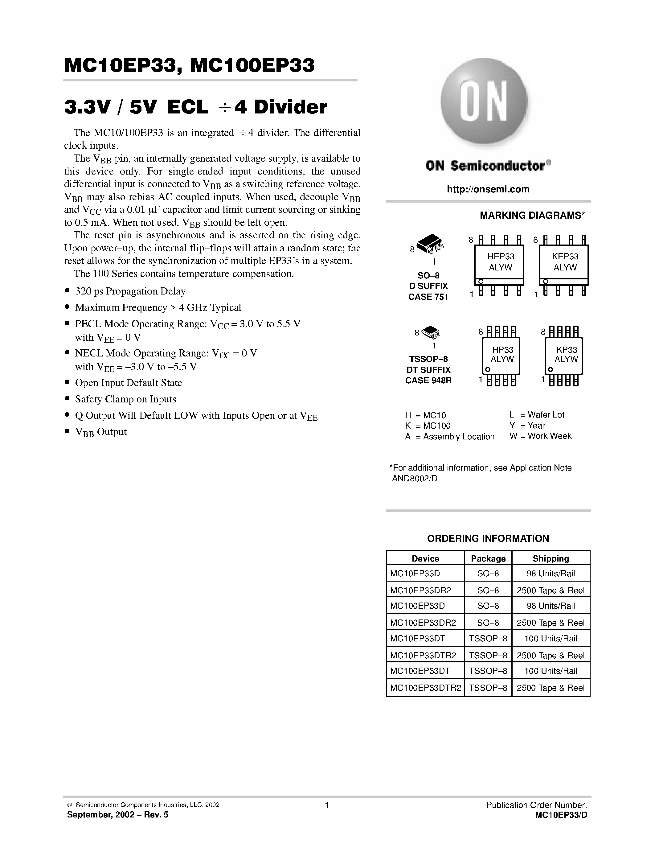 Datasheet MC100EP33 - 3.3V 5VECL / 4 Divider page 1