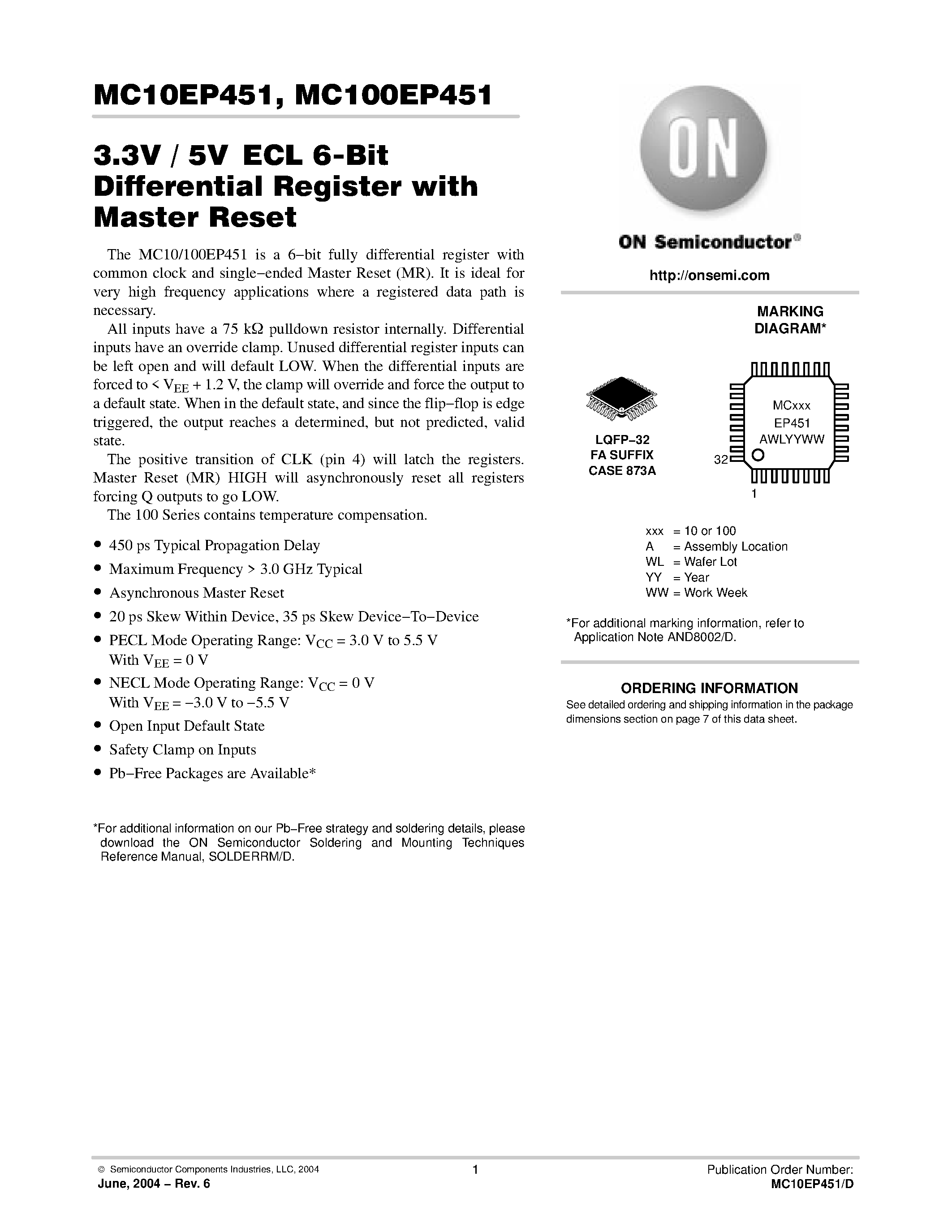 Datasheet MC100EP451 - 3.3V / 5VECL 6-Bit Differential Register with Master Reset page 1