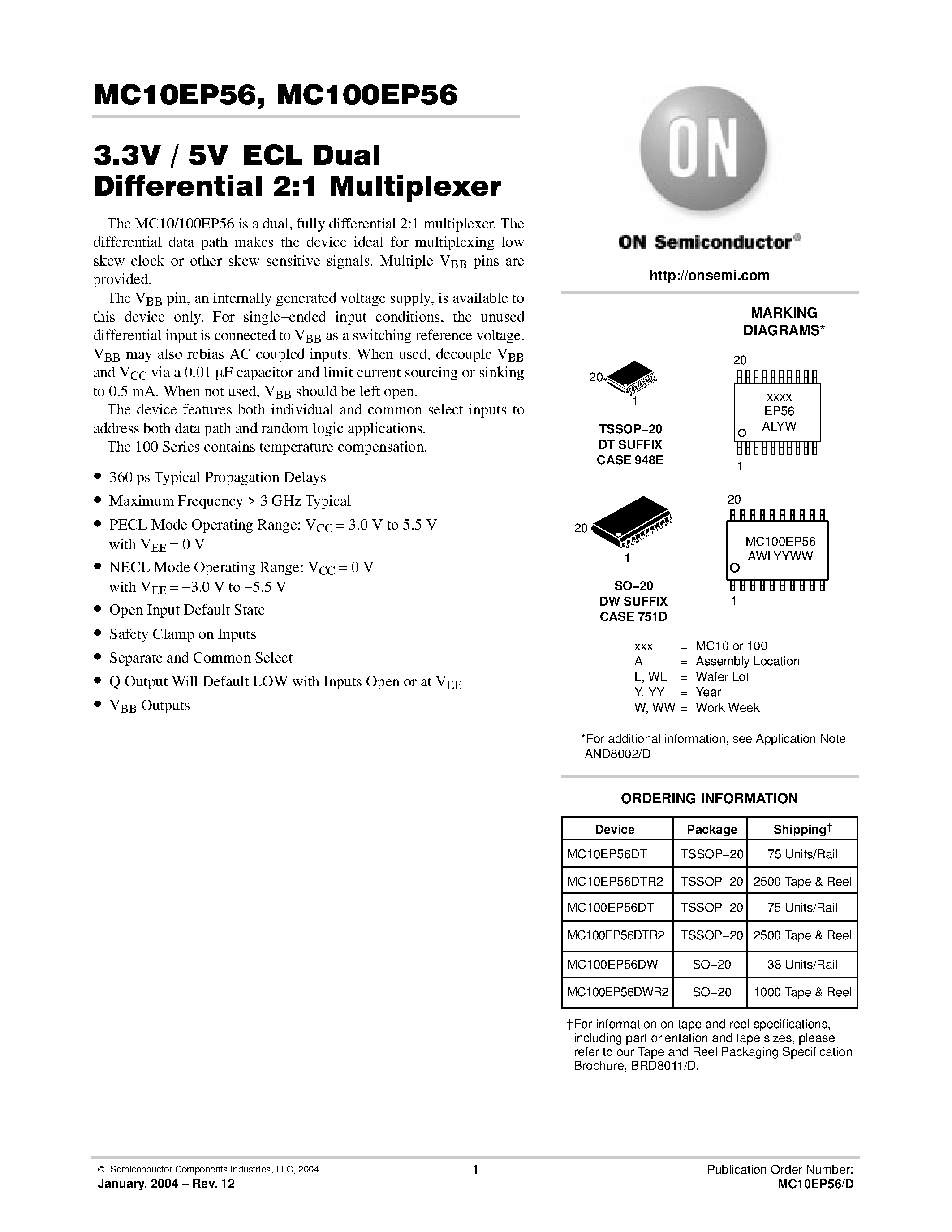 Datasheet MC100EP56 - 3.3V / 5VECL Dual Differential 2:1 Multiplexer page 1