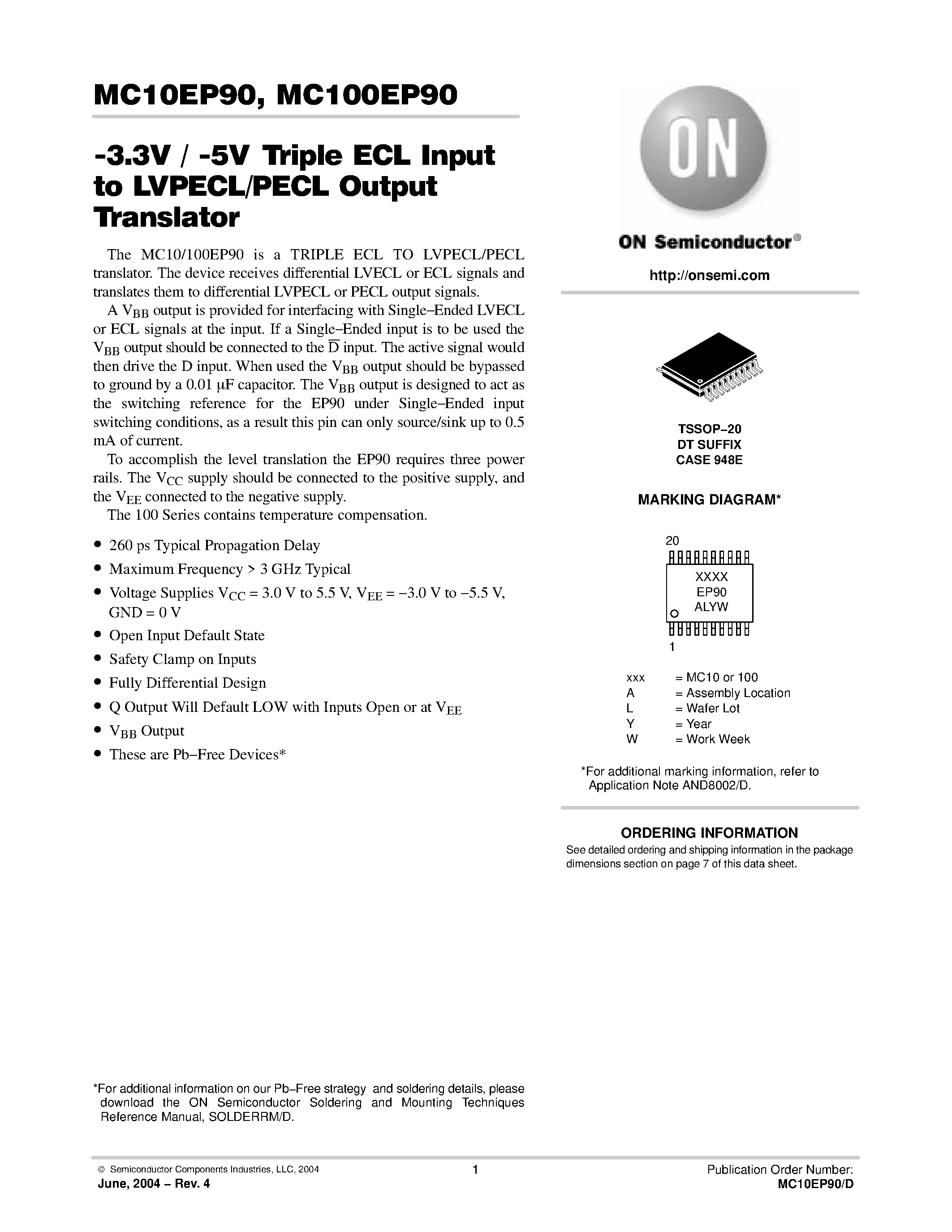 Datasheet MC100EP90 - -3.3V / -5V Triple ECL Input to LVPECL/PECL Output Translator page 1