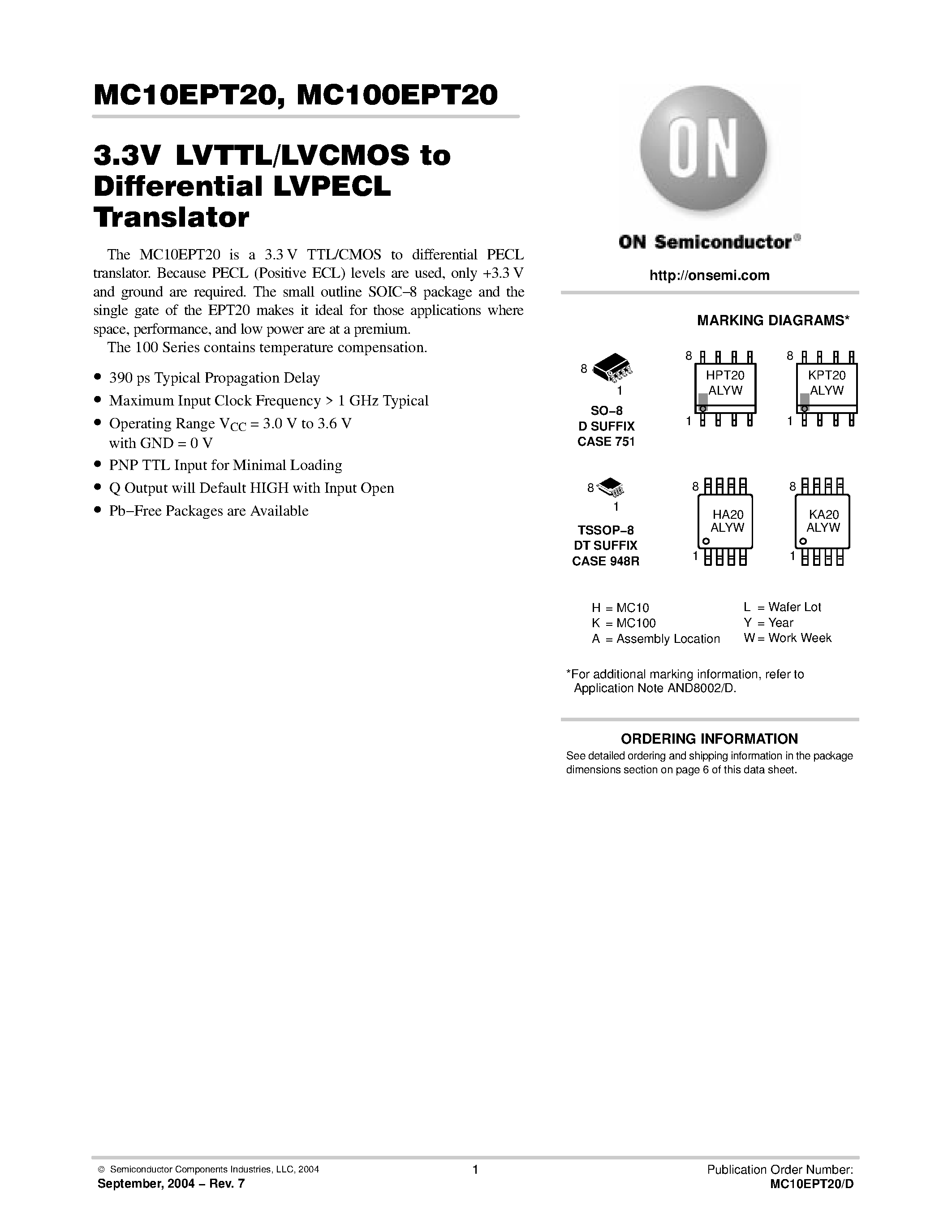 Datasheet MC100EPT20 - 3.3VLVTTL/LVCMOS to Differential LVPECL Translator page 1