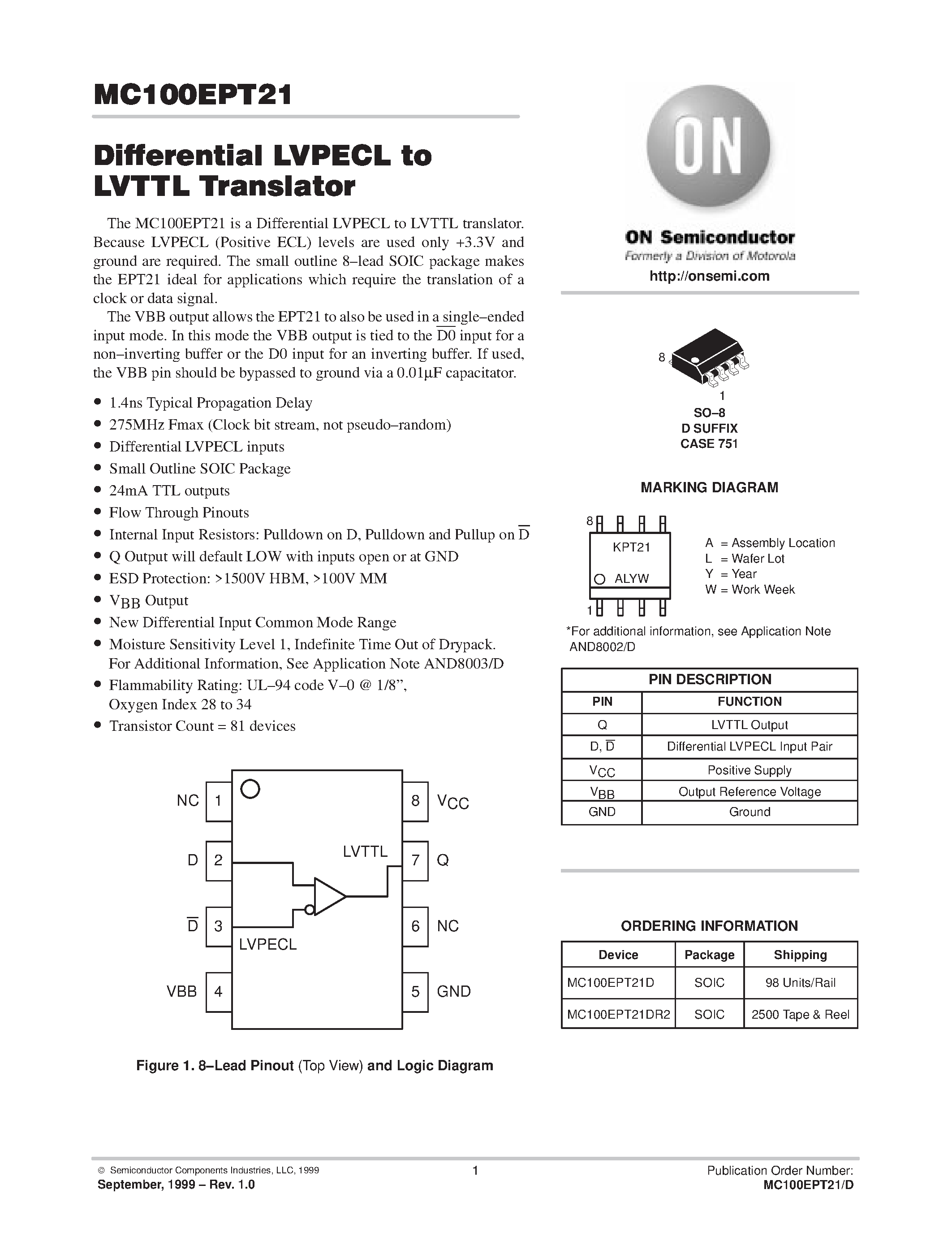 Datasheet MC100EPT21 - Differential LVPECL to LVTTL Translator page 1