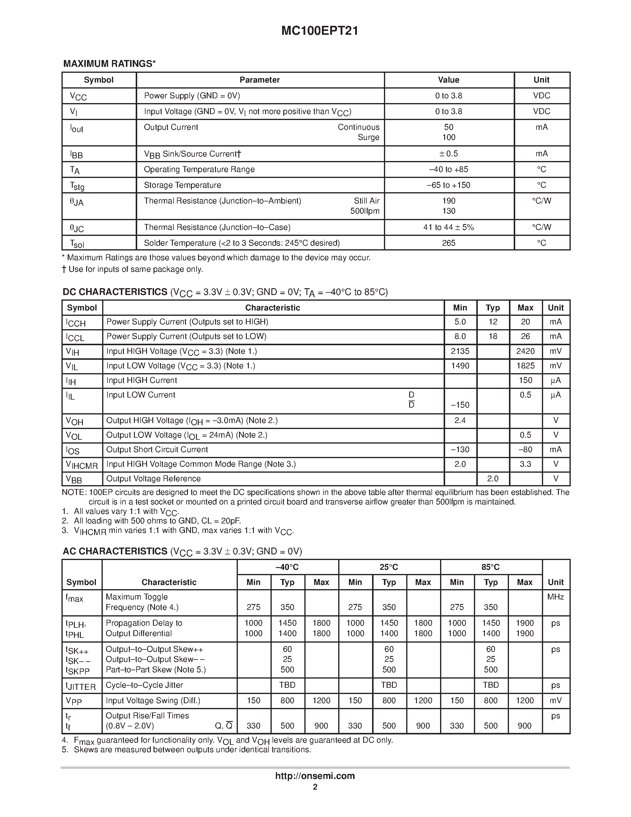 Datasheet MC100EPT21 - Differential LVPECL to LVTTL Translator page 2