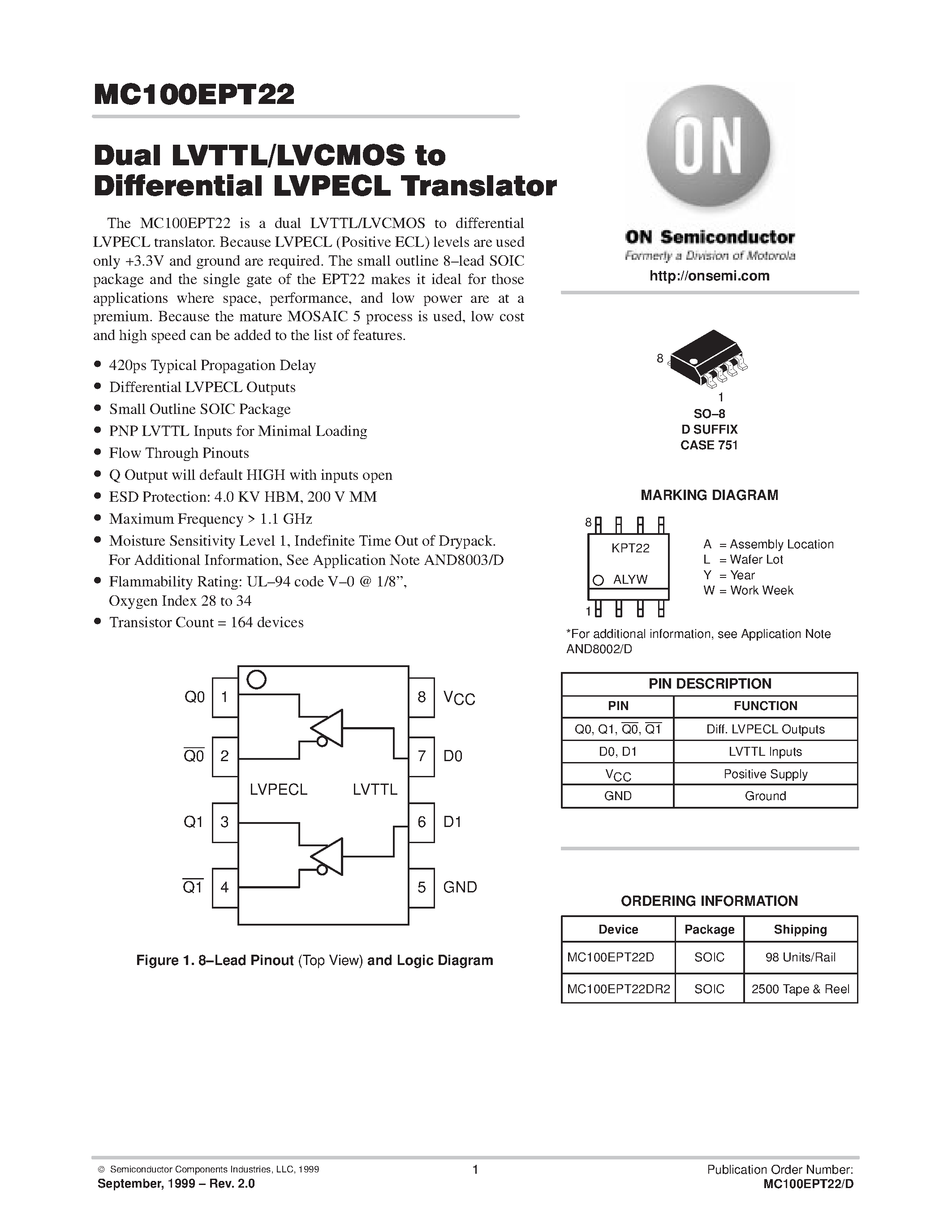 Datasheet MC100EPT22 - Dual LVTTL/LVCMOS to Differential LVPECL Translator page 1