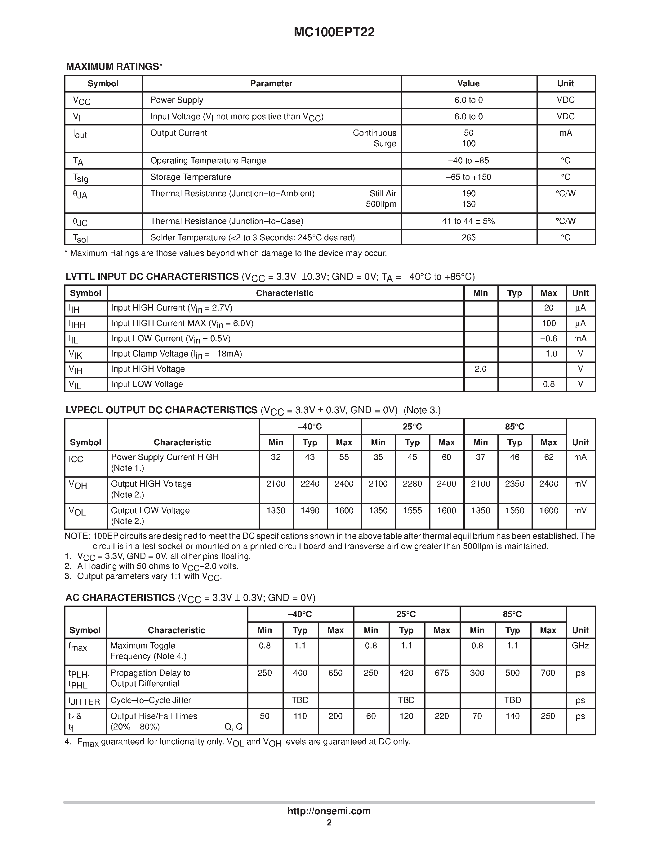 Datasheet MC100EPT22 - Dual LVTTL/LVCMOS to Differential LVPECL Translator page 2